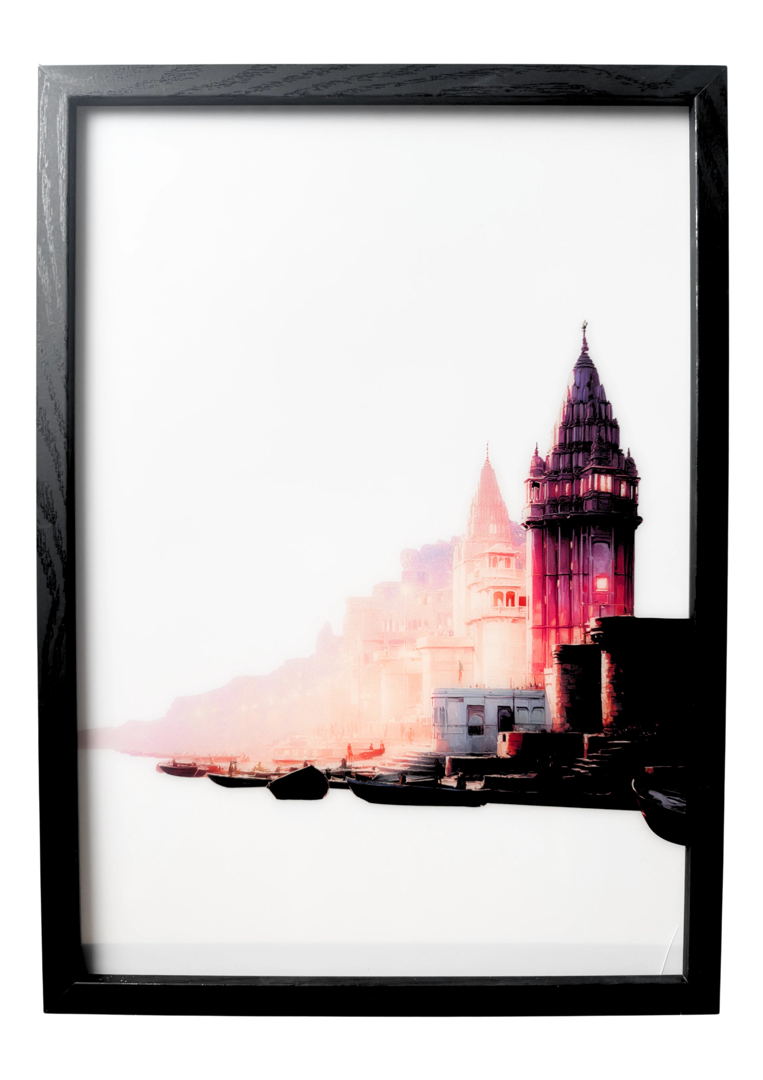 Kashi Vishwanath Temple wall art in blue sunset tones, calm over the Ganges. A framed artwork celebrating Varanasi’s sacred stillness.