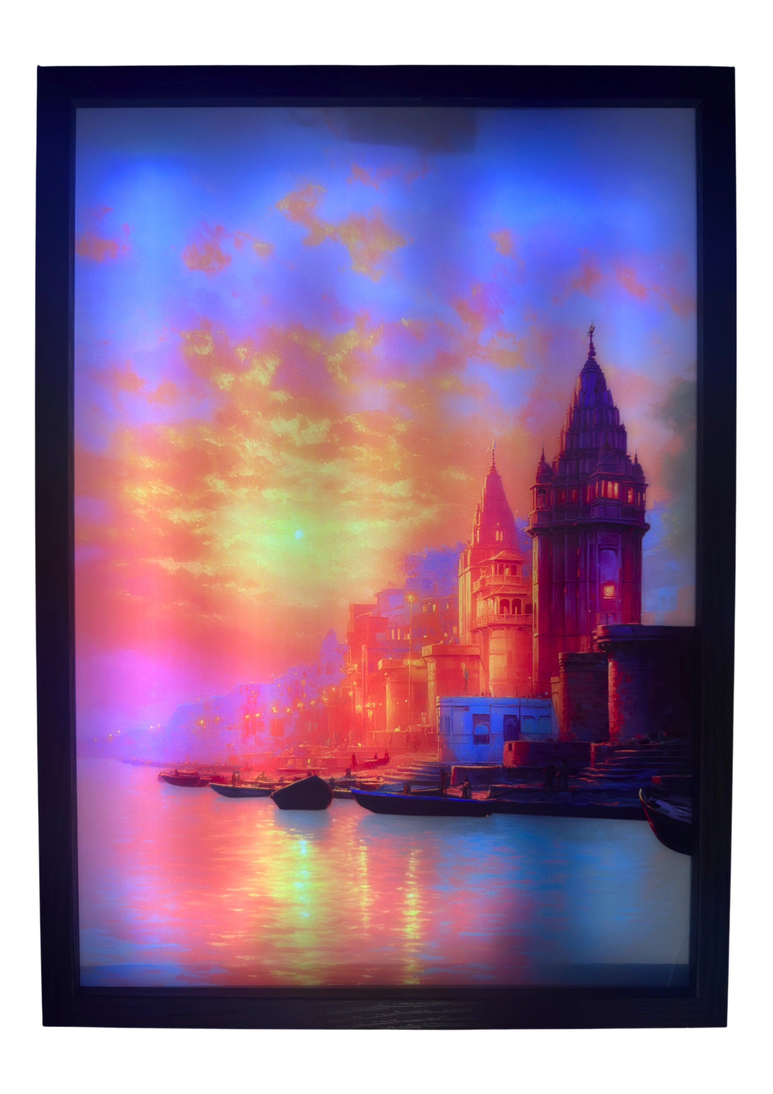 Kashi Vishwanath Temple LED light up wall art glowing in gold and blue over the Ganges — inspired by Hindu devotion and serenity. A sacred centrepiece for tranquil interiors.