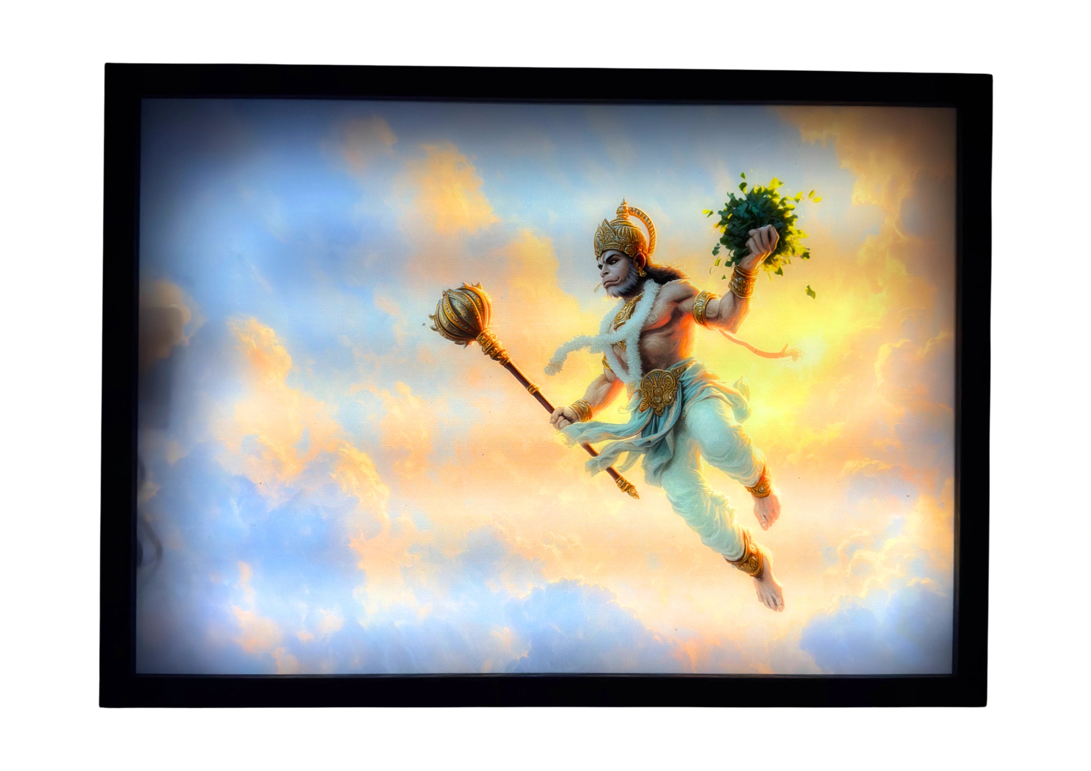 Lord Hanuman LED light up wall art glowing in gold and sky-blue tones — soaring through clouds with divine energy and faith.