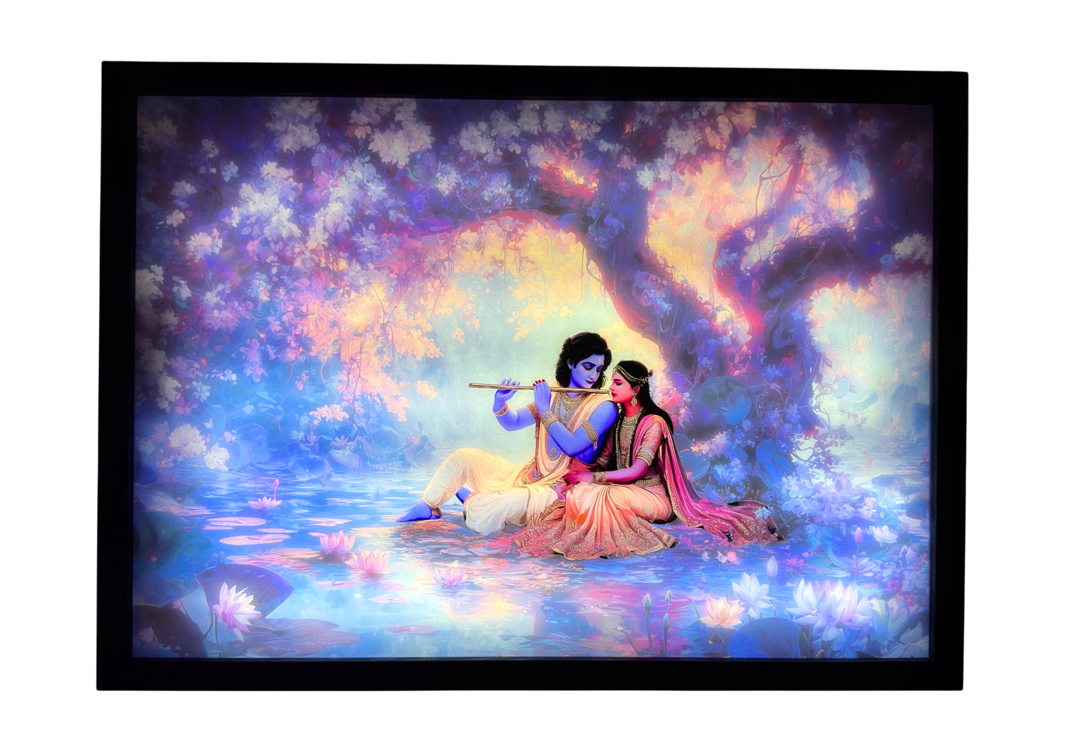 Radha and Krishna LED light up wall art glowing in moonlit tones of blue, rose, and gold — capturing devotion, peace, and eternal love.