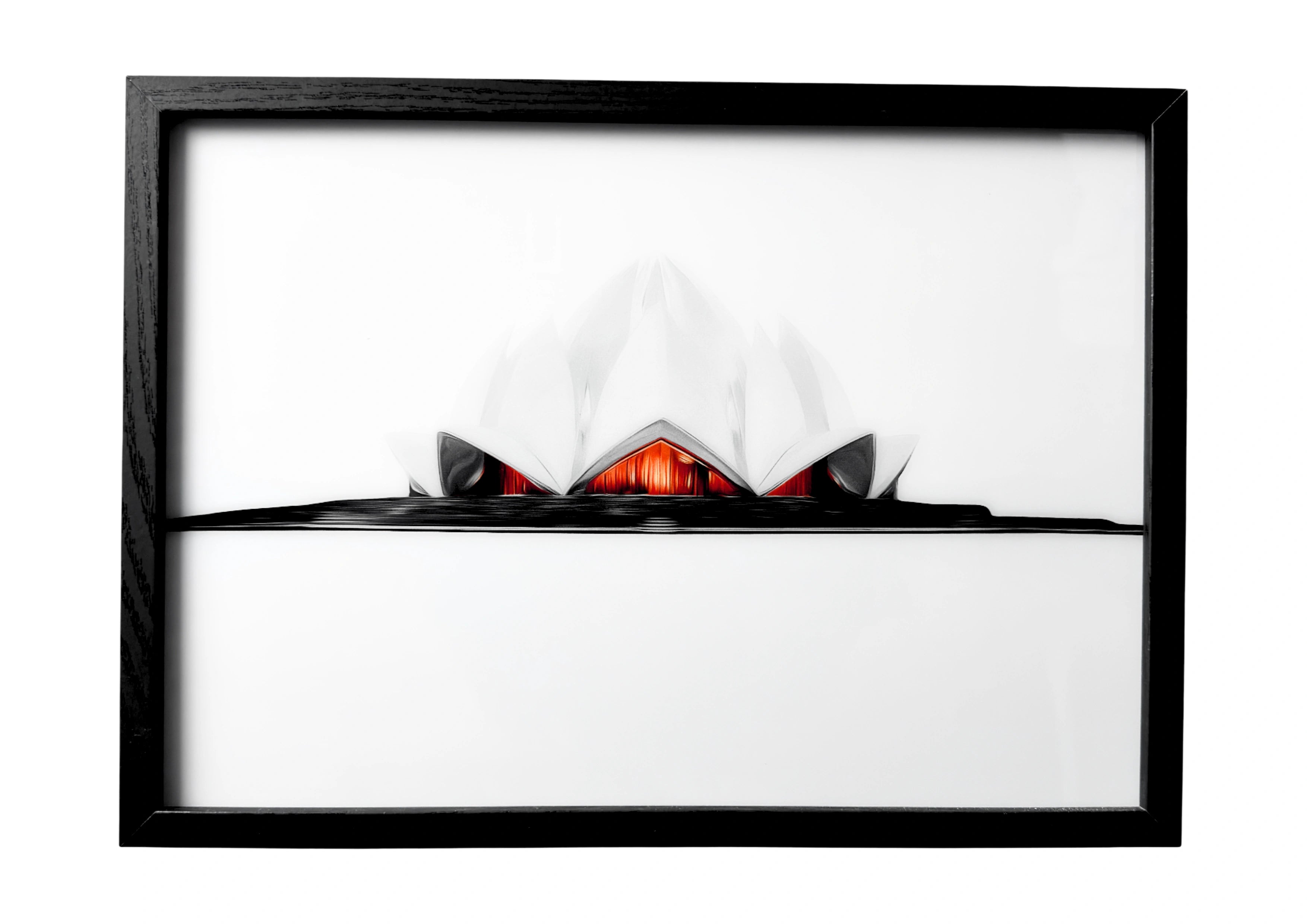 Lotus Temple wall art detailed with soft teal and ivory tones, calm and reflective. A framed artwork celebrating peace, purity, and spiritual architecture.