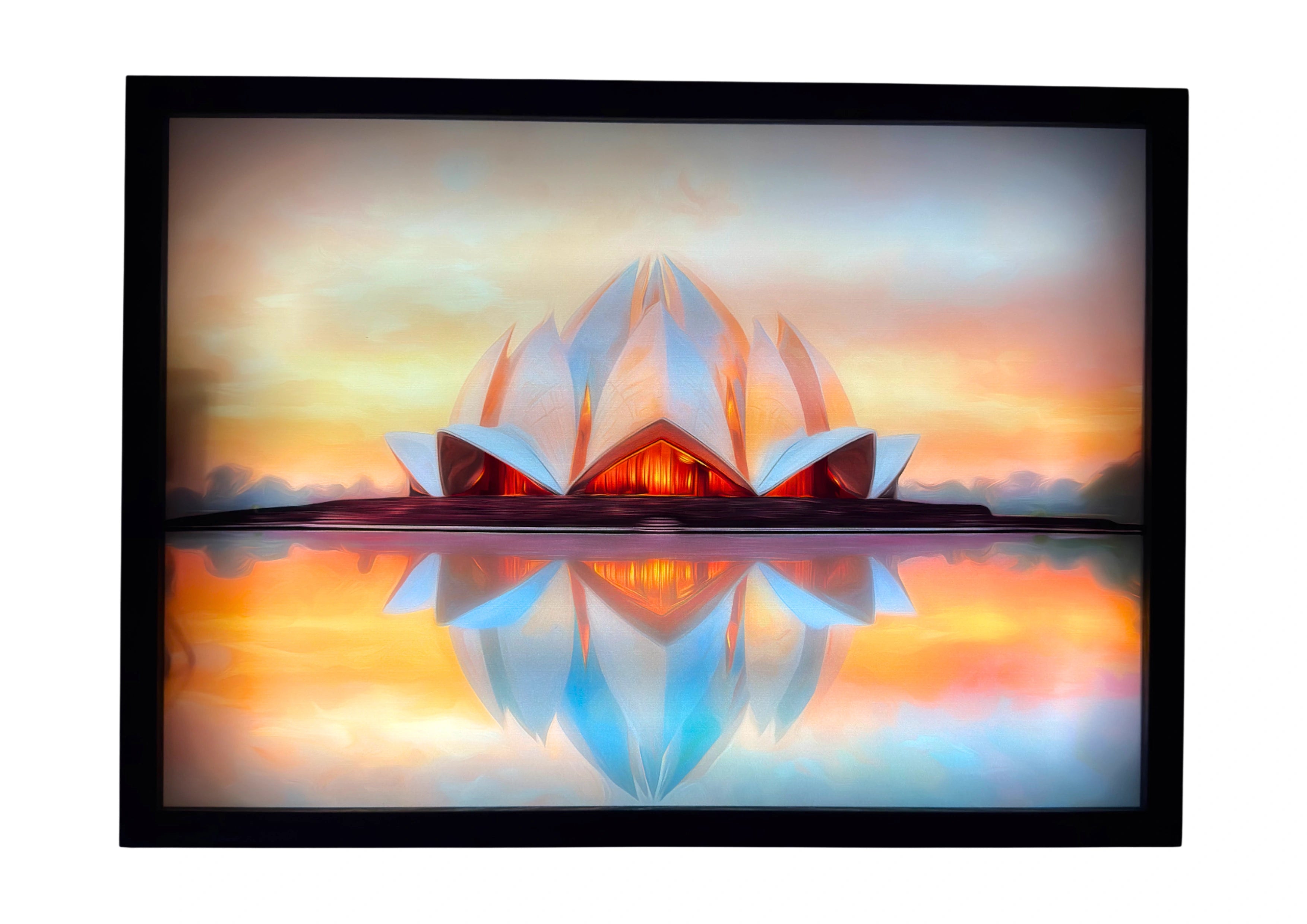 Lotus Temple LED light up wall art glowing in teal and gold — reflecting divine serenity and sacred balance.