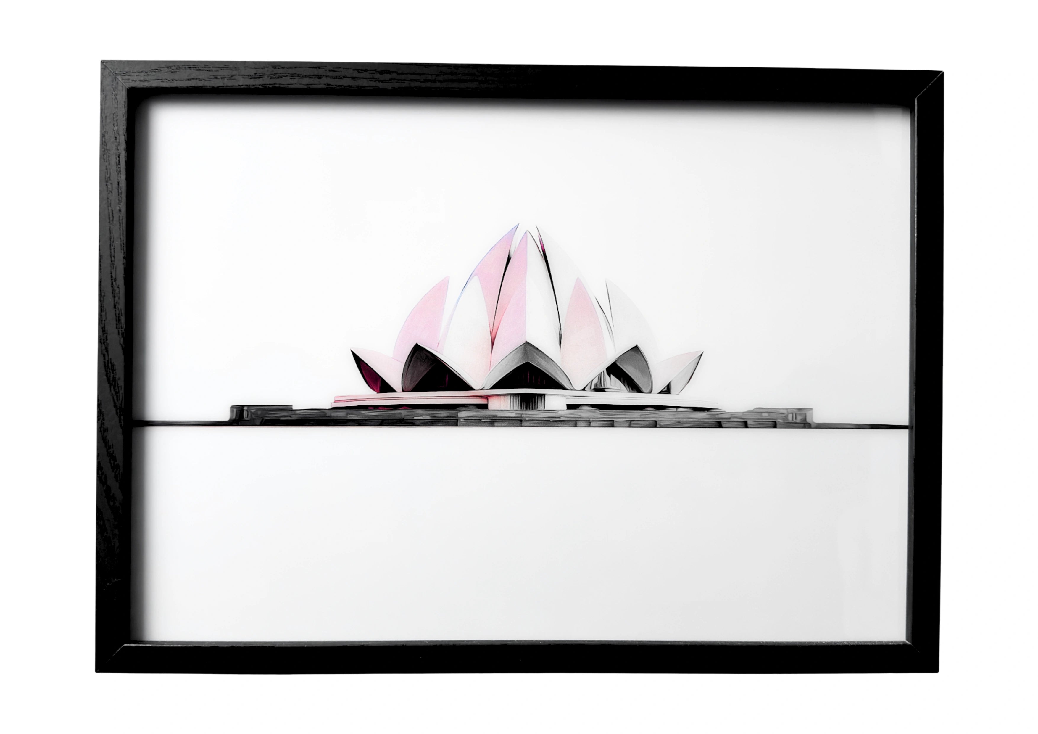Lotus Temple wall art detailed with soft coral hues, serene and reflective. A framed artwork symbolising purity, light, and devotion.