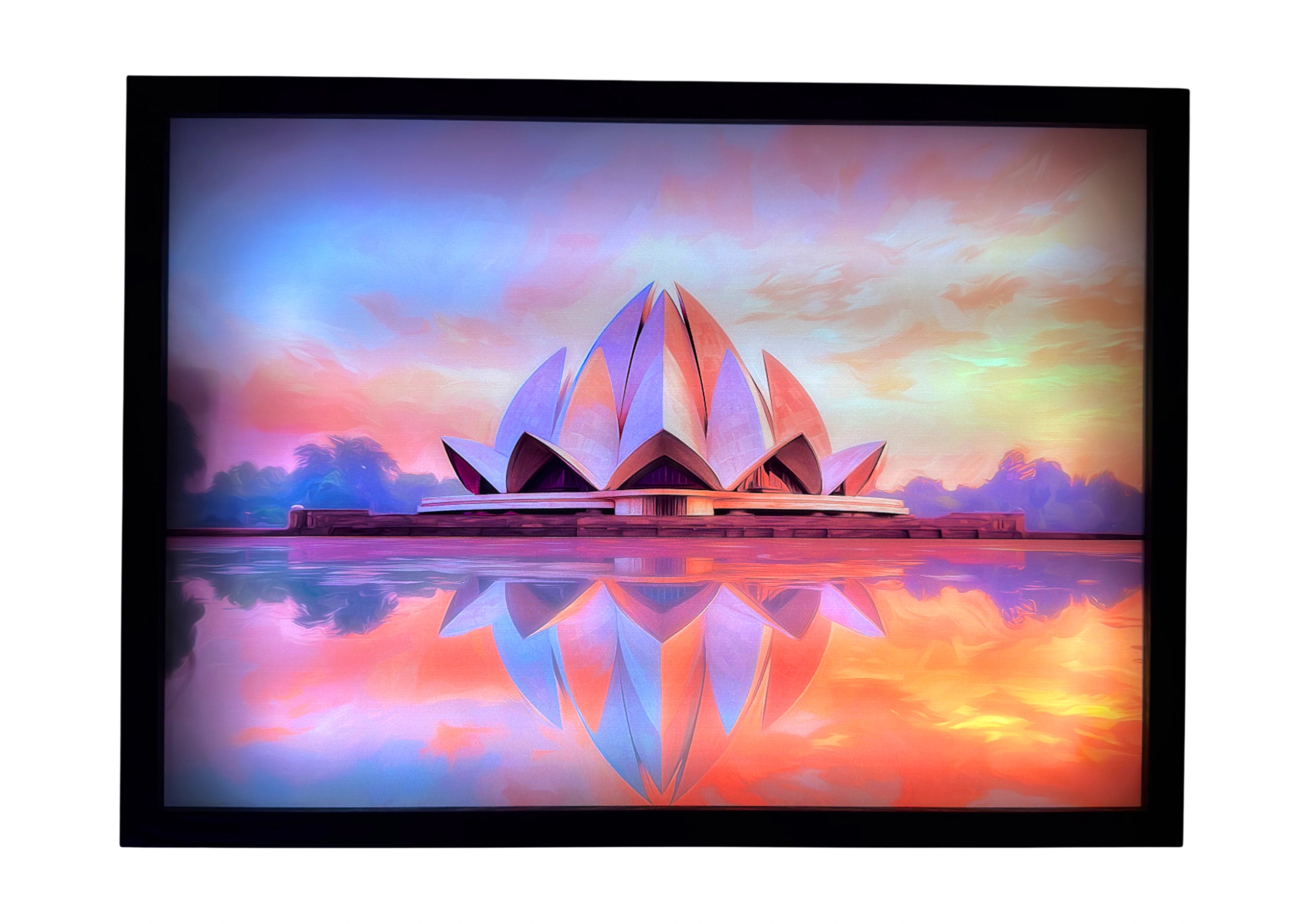 Lotus Temple LED light up wall art glowing in coral and gold — reflecting sacred stillness and divine beauty.