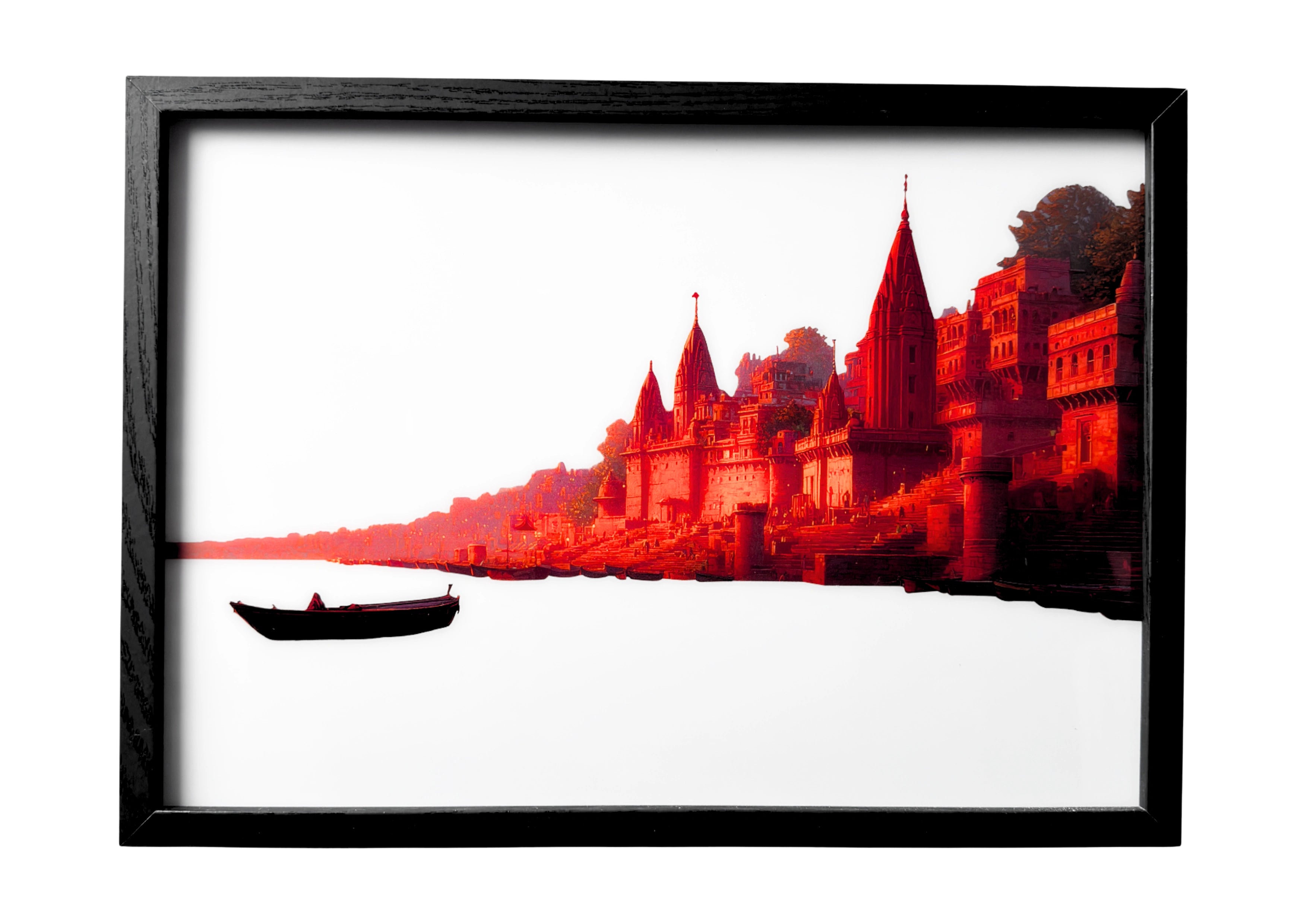 Kaashi Temple wall art detailed with soft rose and amber hues, glowing gently over the Ganges. A framed artwork capturing sacred beauty and devotion.