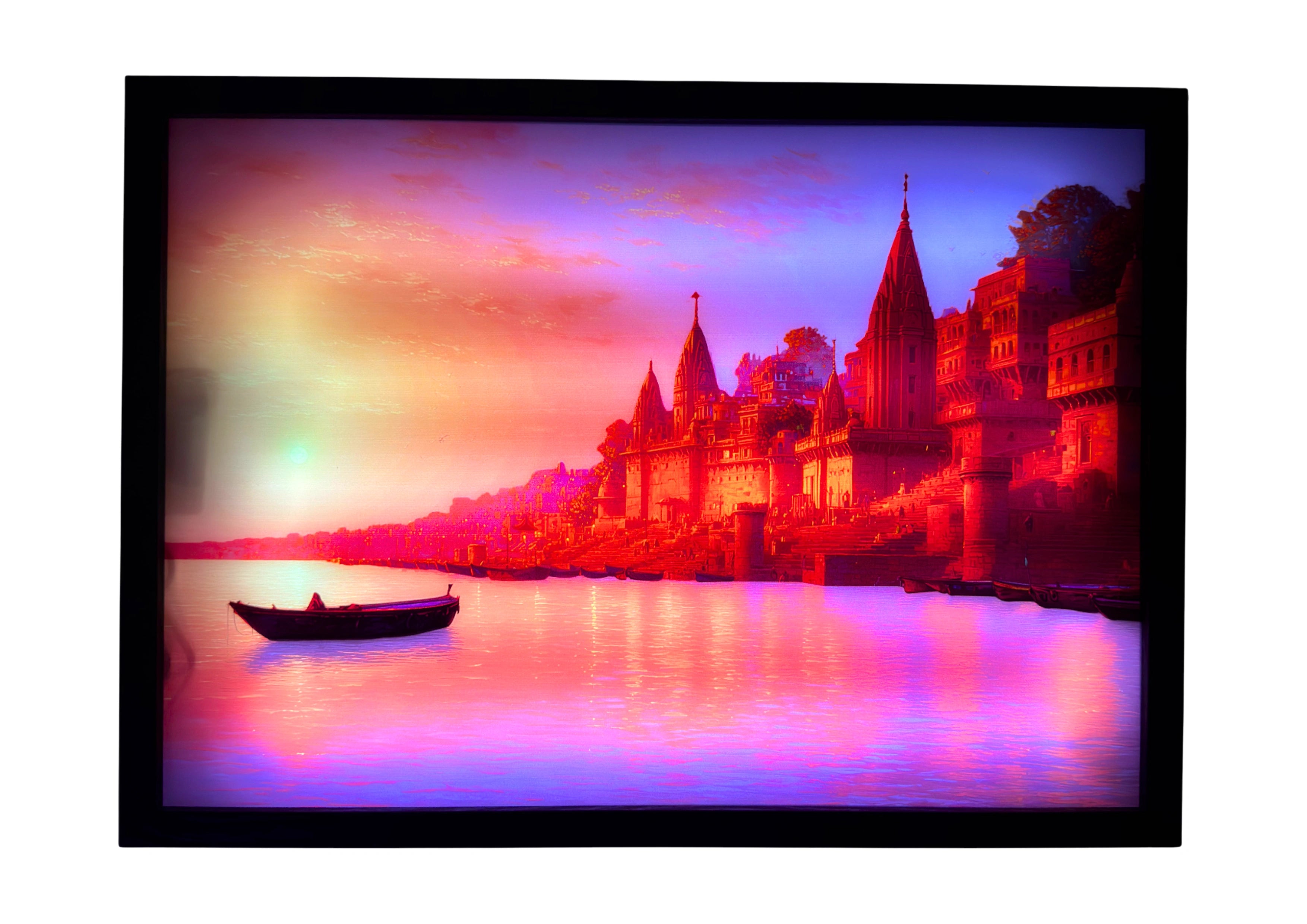Kaashi Temple LED light up wall art glowing in crimson and gold — reflecting Varanasi’s spiritual warmth and divine evening glow.