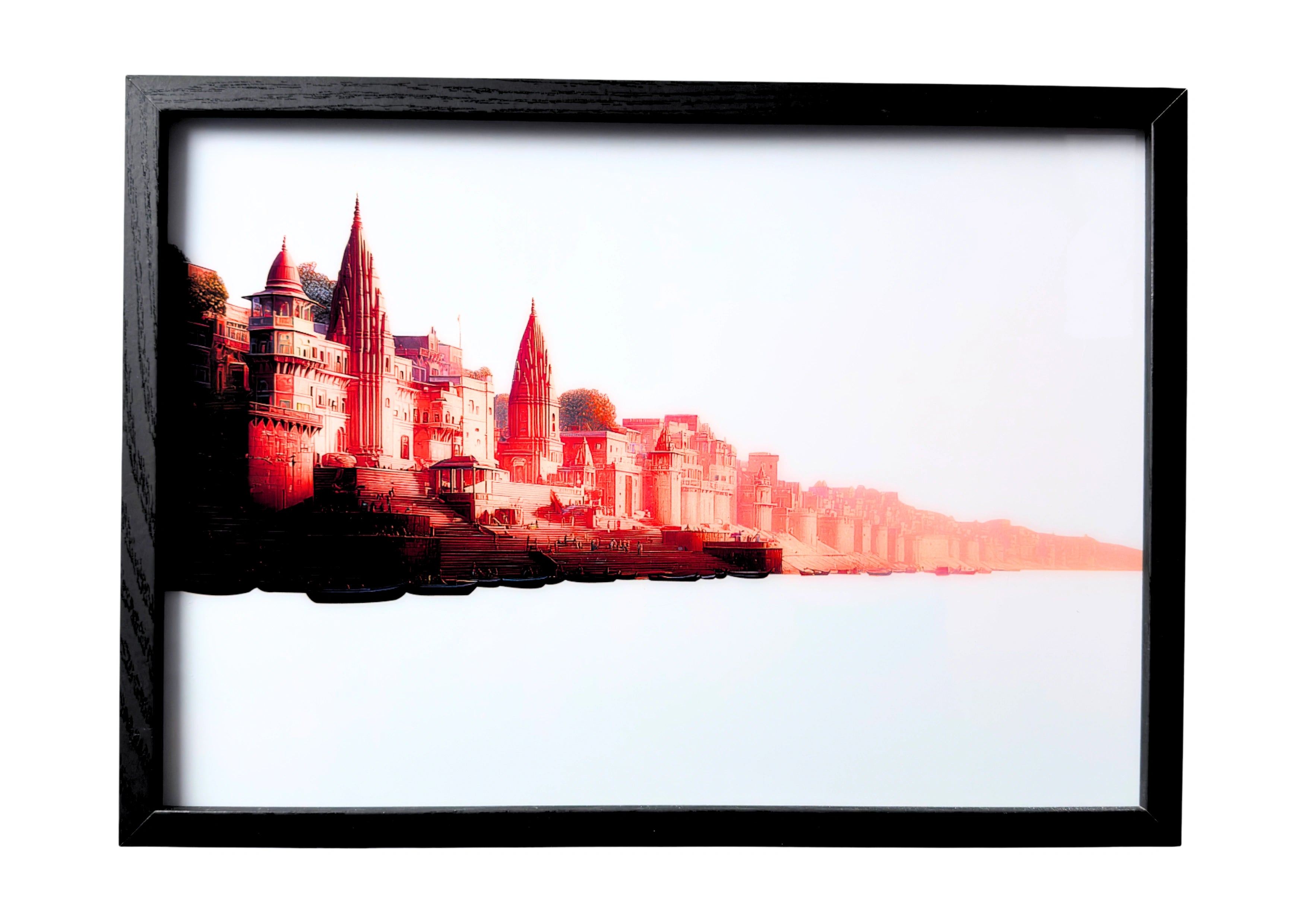 Kaashi Temple wall art detailed with soft amber tones, calm over blue waters of the Ganges. A framed artwork capturing sacred stillness and devotion.