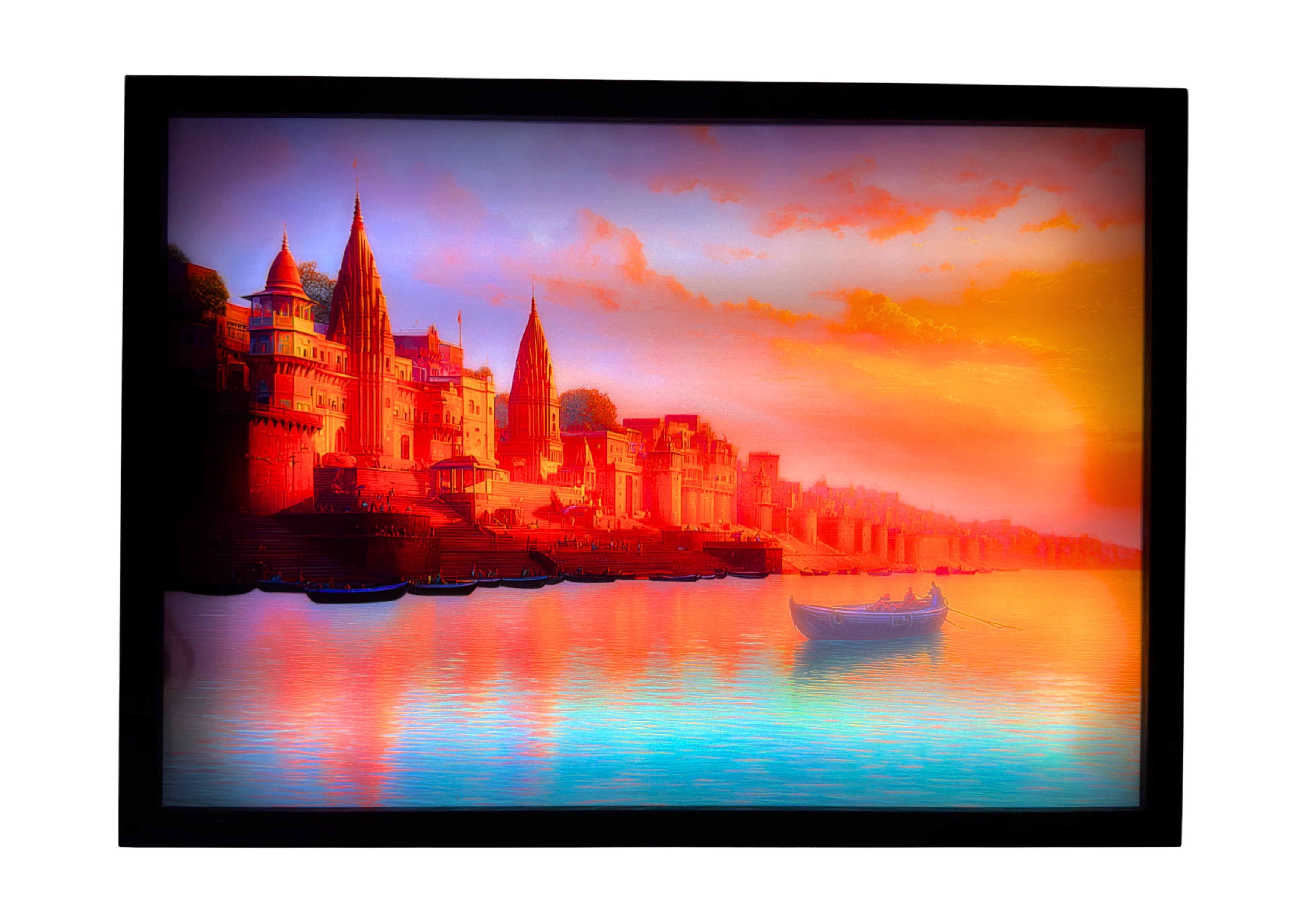 Kaashi Temple LED light up wall art glowing in sapphire blue and gold — reflecting Varanasi’s sacred beauty and timeless devotion.