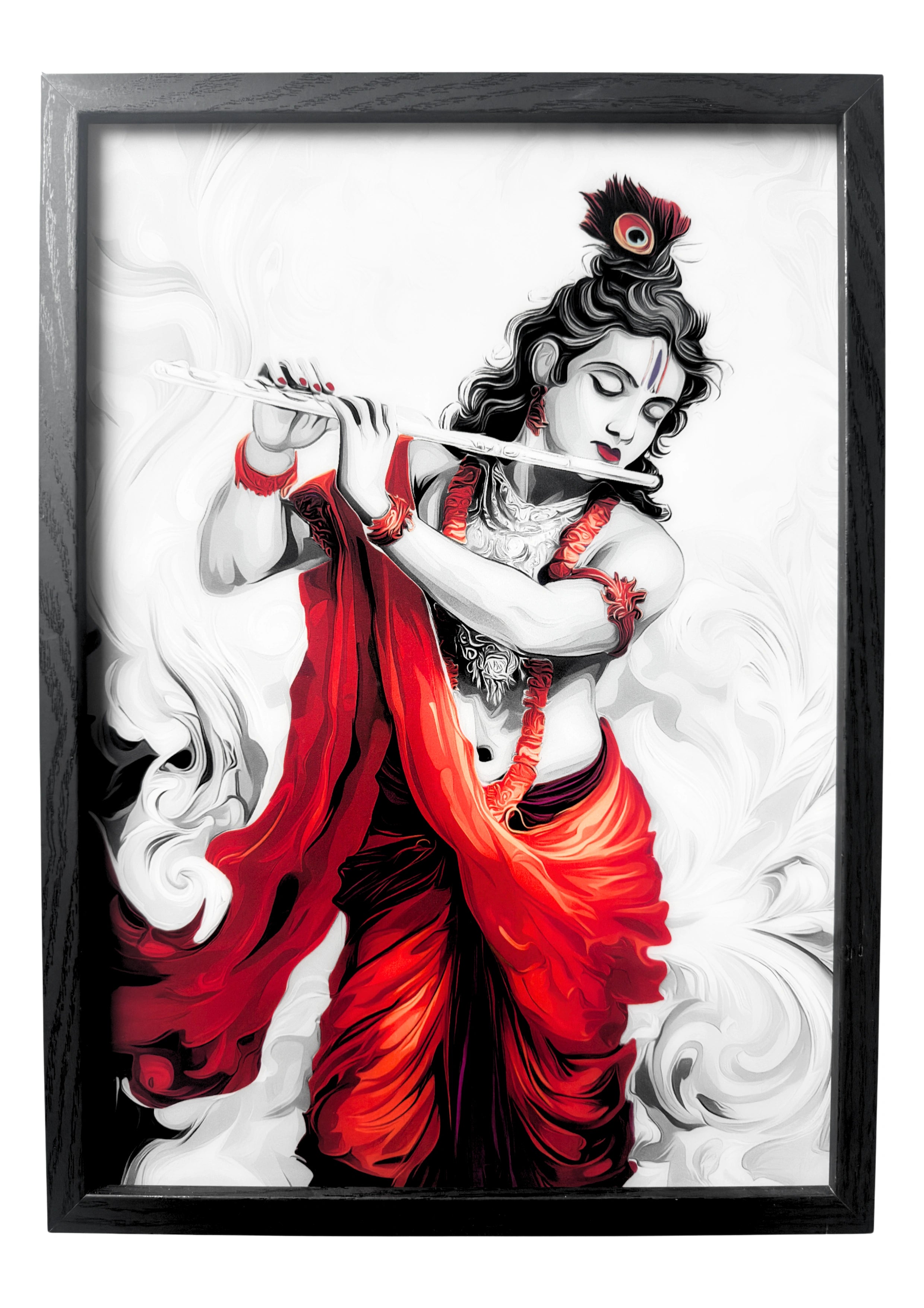 Lord Krishna wall art detailed with soft rose and saffron hues, playing his flute in serene stillness. A framed artwork symbolising divine love and peace.