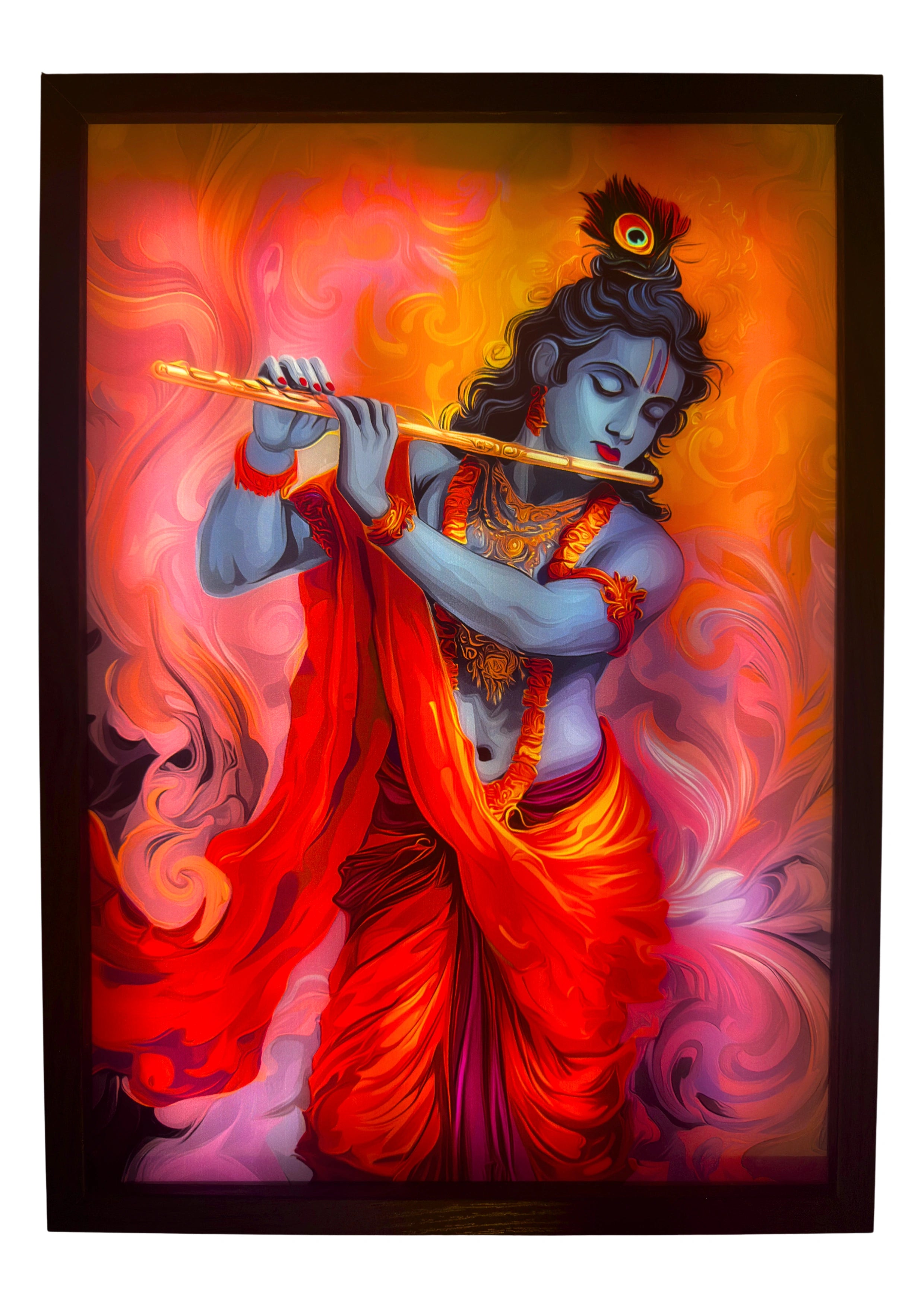 Lord Krishna LED light up wall art glowing in rose and gold — the divine musician radiating warmth, devotion, and sacred light.
