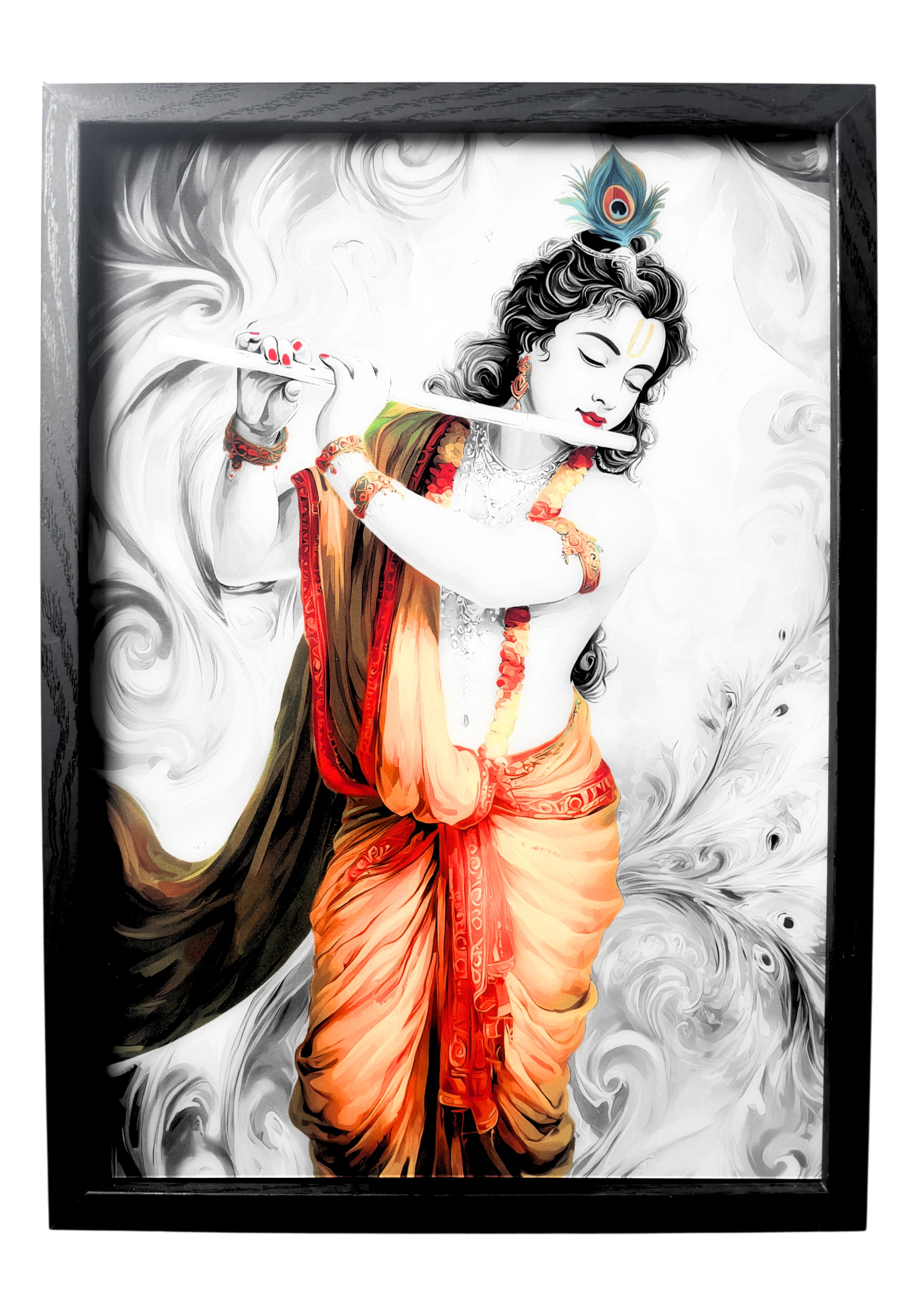Lord Krishna wall art detailed with soft saffron hues, holding a flute in serene stillness. A framed artwork symbolising devotion and divine calm.