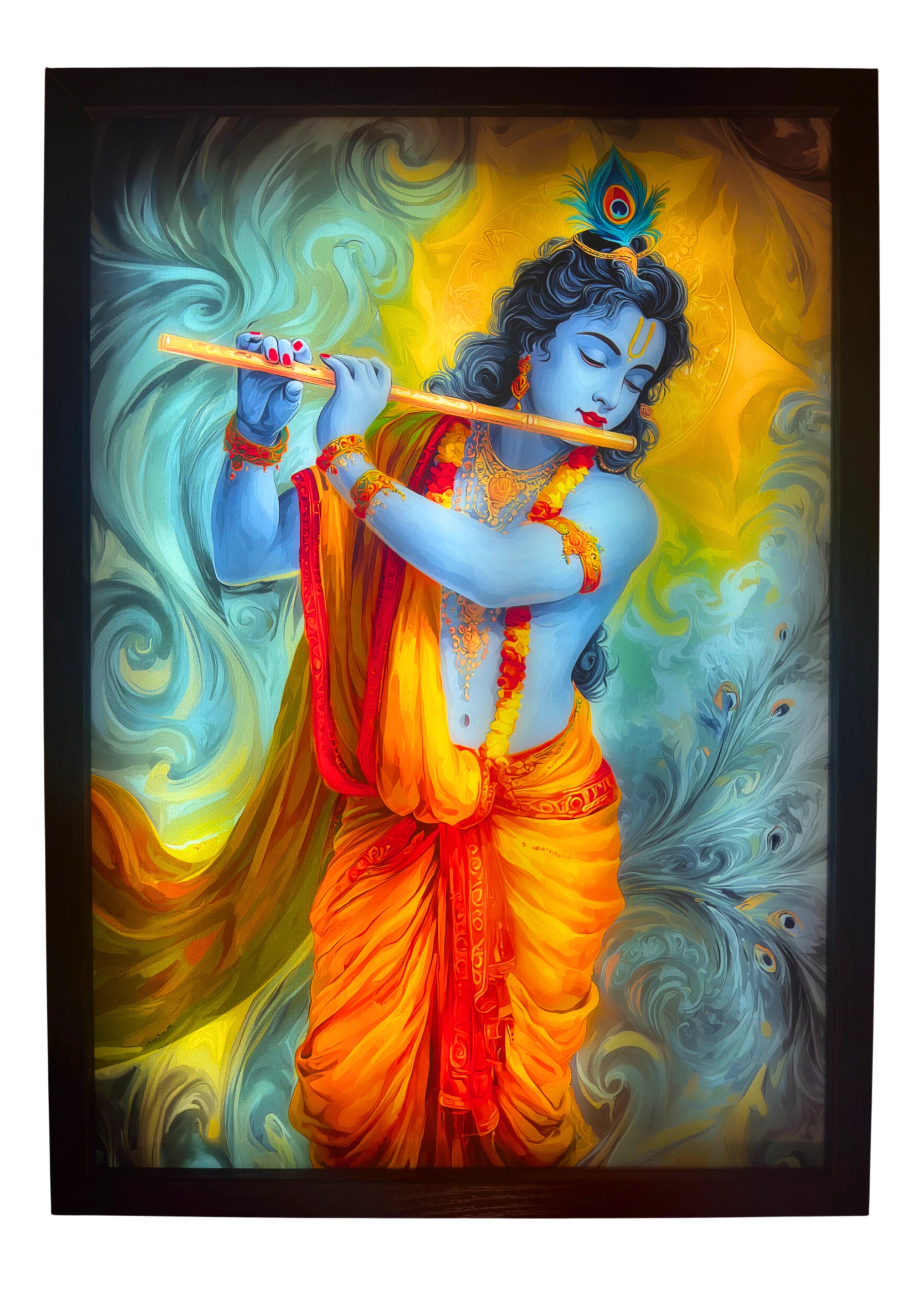 Lord Krishna LED light up wall art glowing in blue and gold — the divine musician radiating peace and spiritual light.
