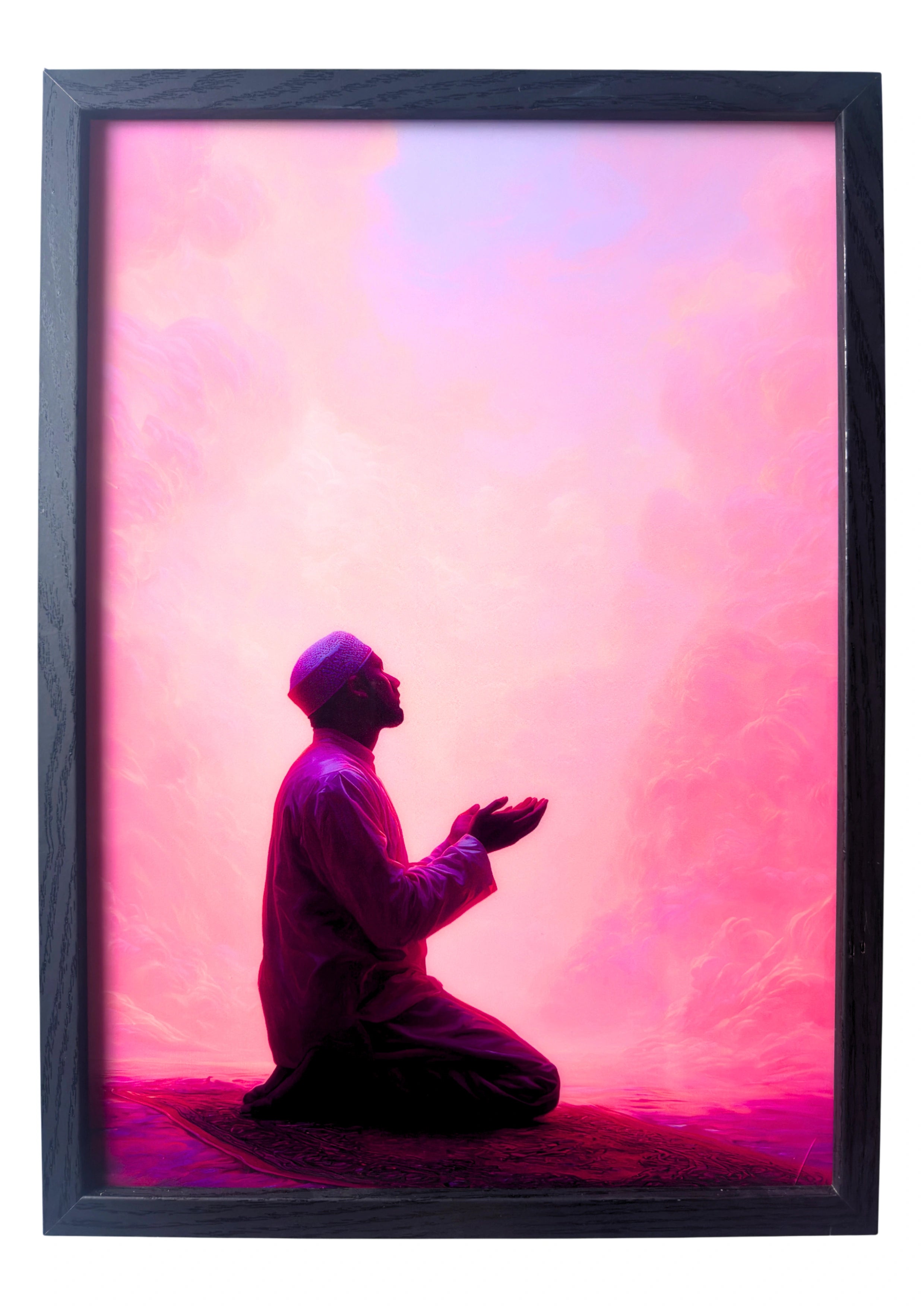 Muslim brother sitting in du'a beneath rose sky — framed wall art symbolising reflection, peace, and devotion.