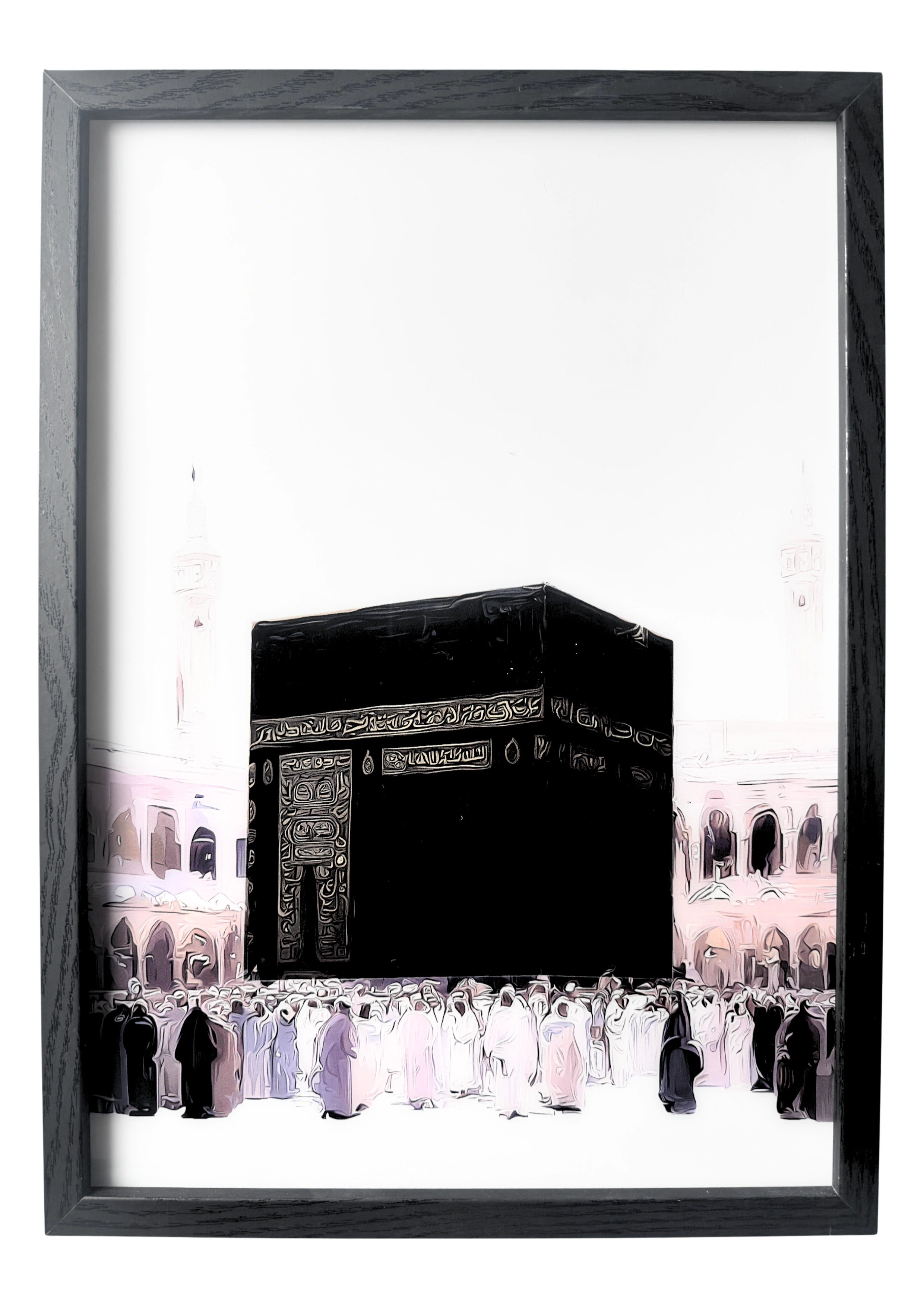 The Kaaba wall art in grayscale tones with gold details, framed by mosque towers. A serene artwork representing reflection and devotion.