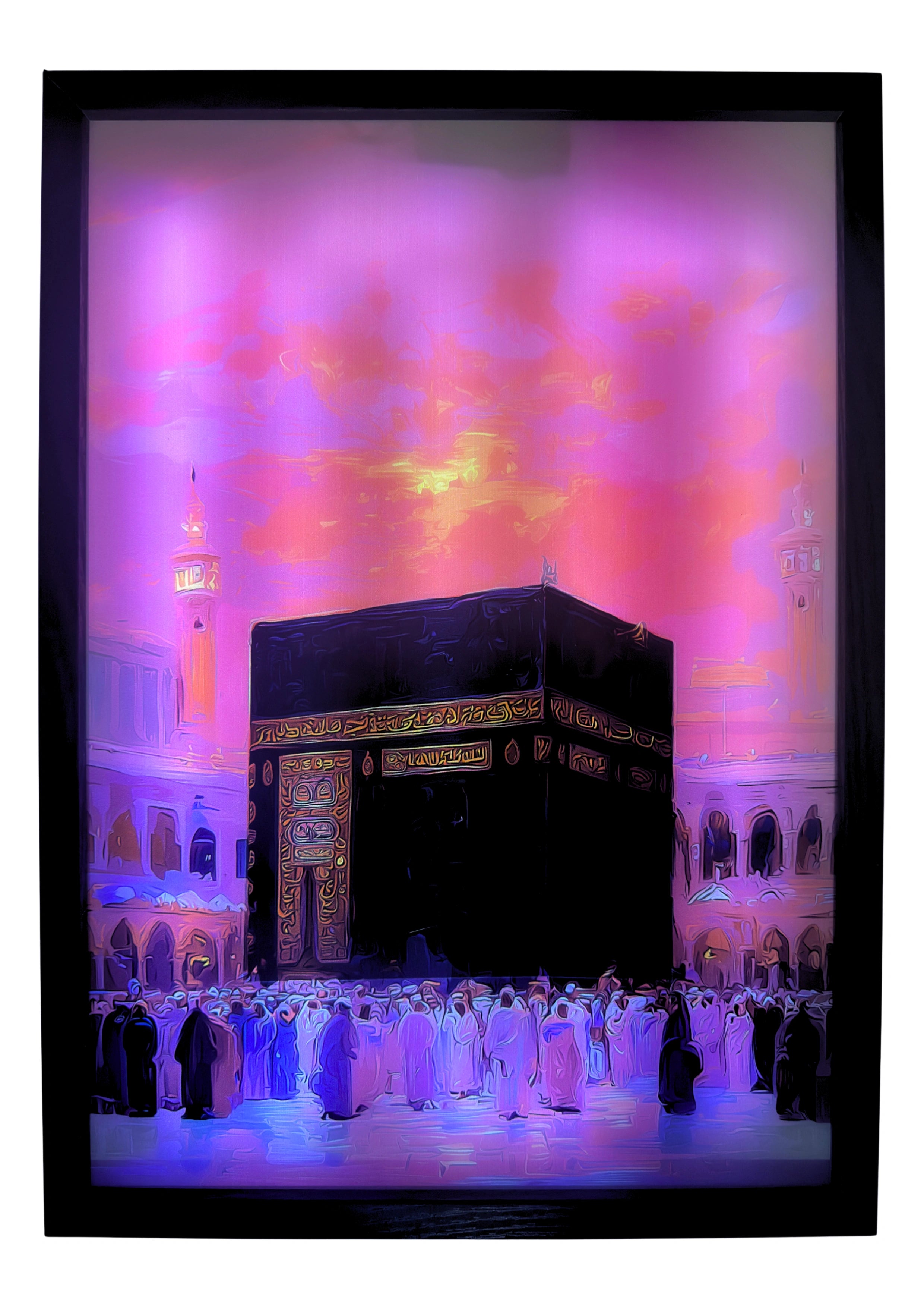 The Kaaba glowing beneath rose and amber skies, gold engravings shining in the light. LED wall art symbolising faith and divine beauty for Muslim homes.