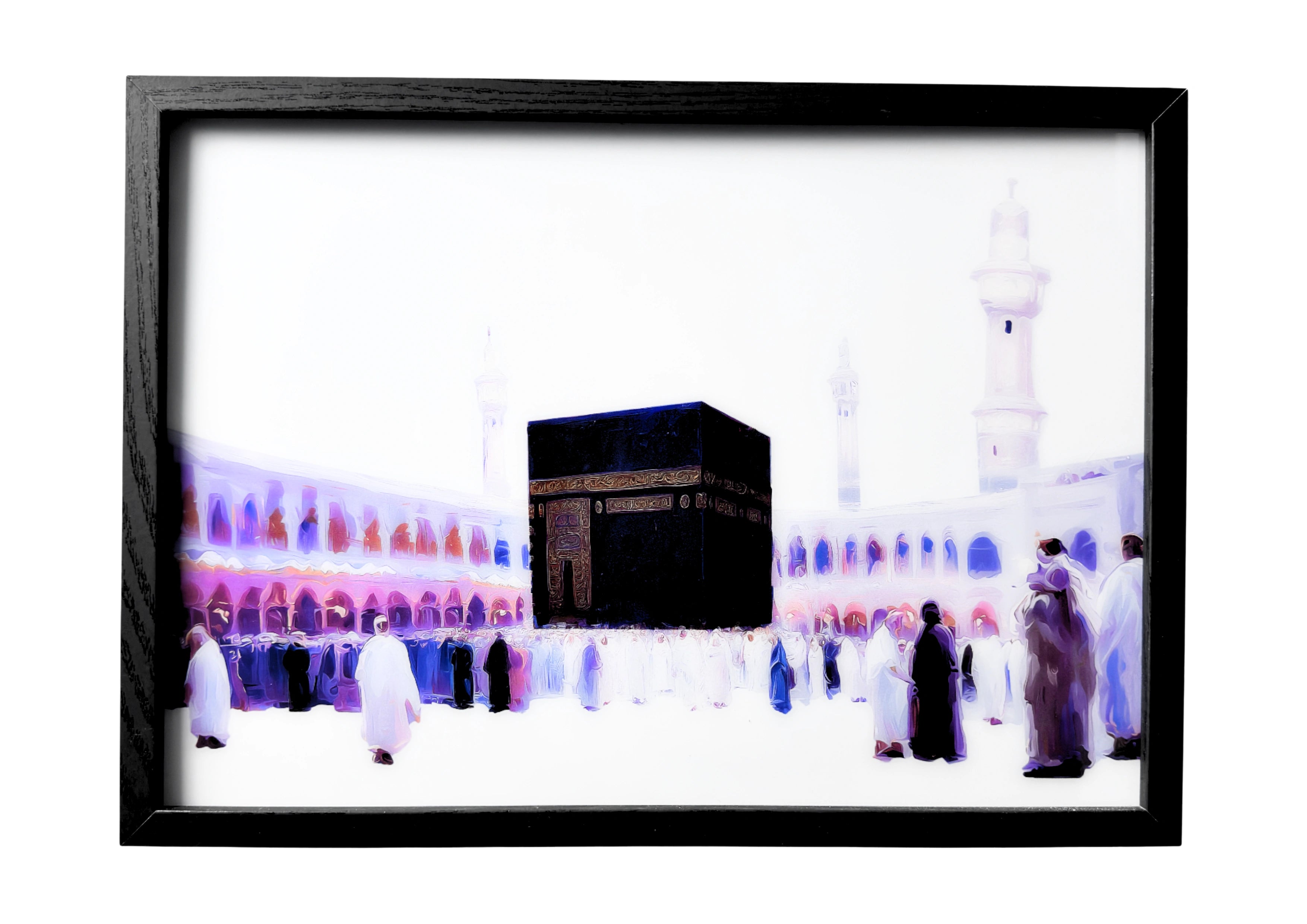The Kaaba wall art in grayscale tones with gold details, surrounded by pilgrims. A framed symbol of unity and devotion in Islam.