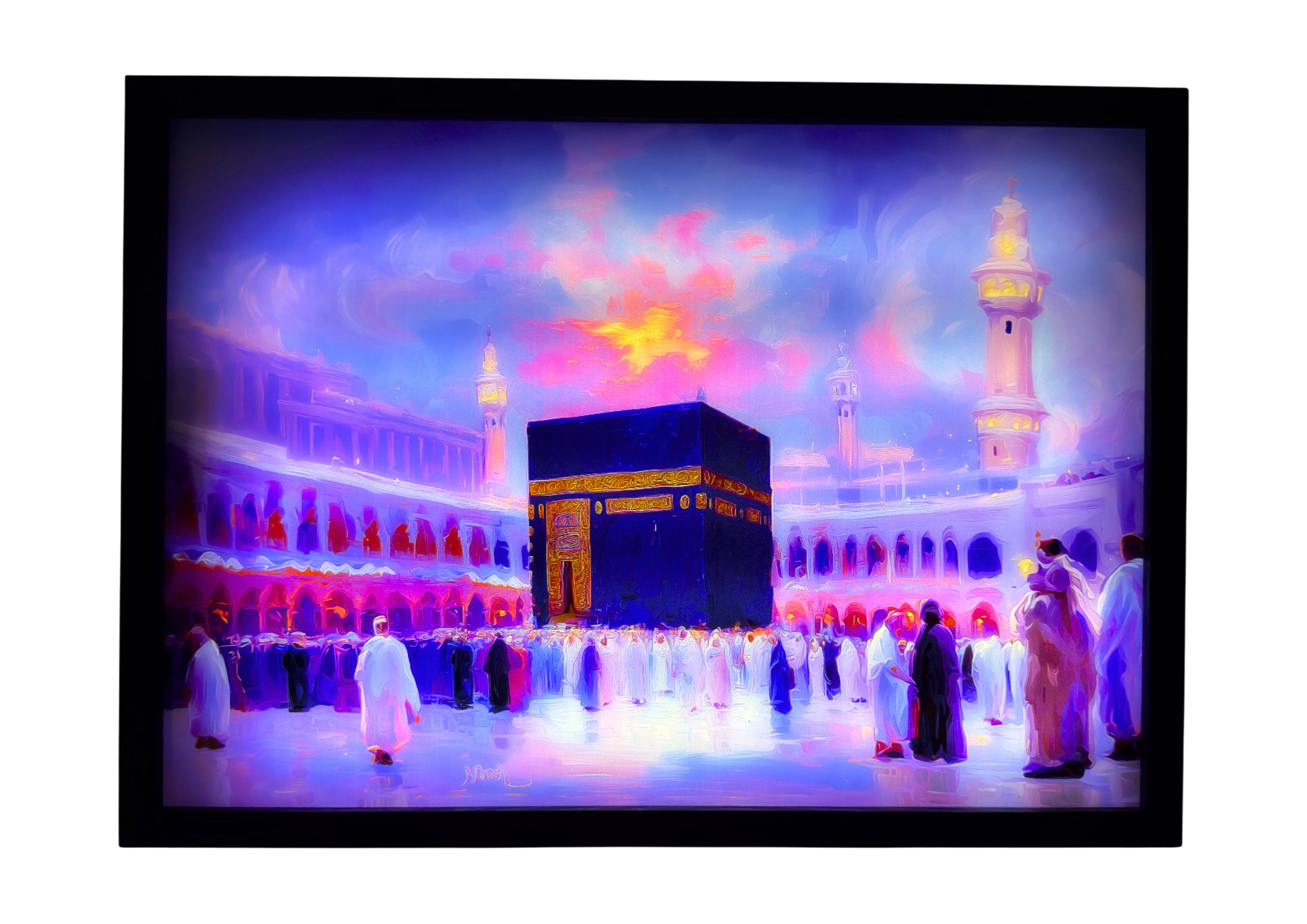 The Kaaba glowing beneath a sapphire and violet sky, gold inscriptions illuminated. LED wall art radiating beauty and peace for Islamic homes and believers.