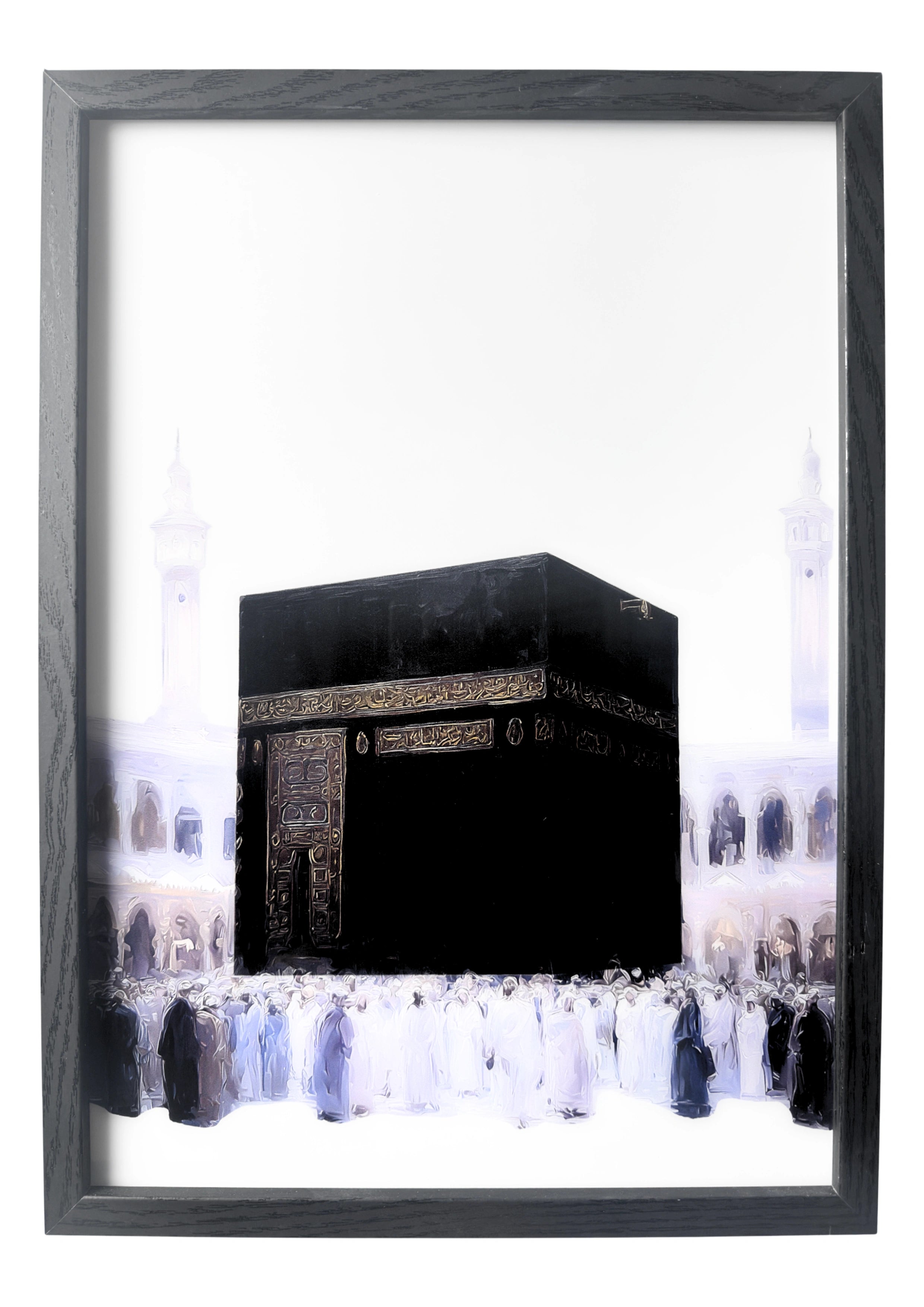 The Kaaba wall art in grayscale tones with gold details, surrounded by pilgrims. A framed symbol of unity and devotion in Islam.