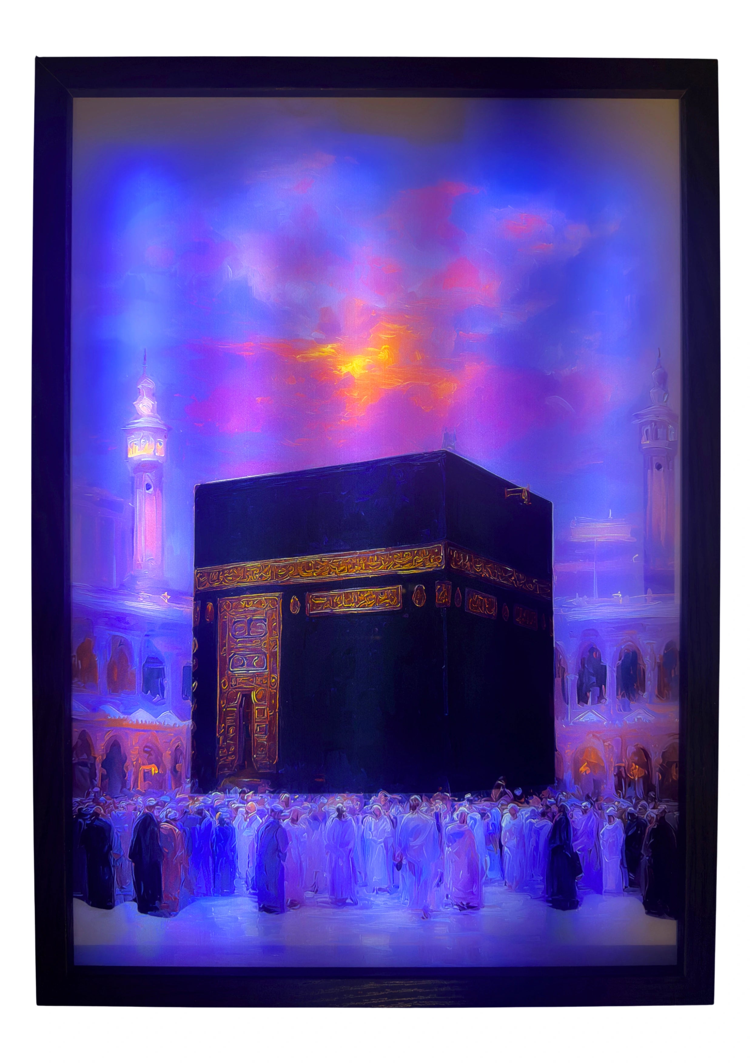 The Kaaba glowing beneath a sapphire and violet sky, gold inscriptions illuminated. LED wall art radiating beauty and peace for Islamic homes and believers.