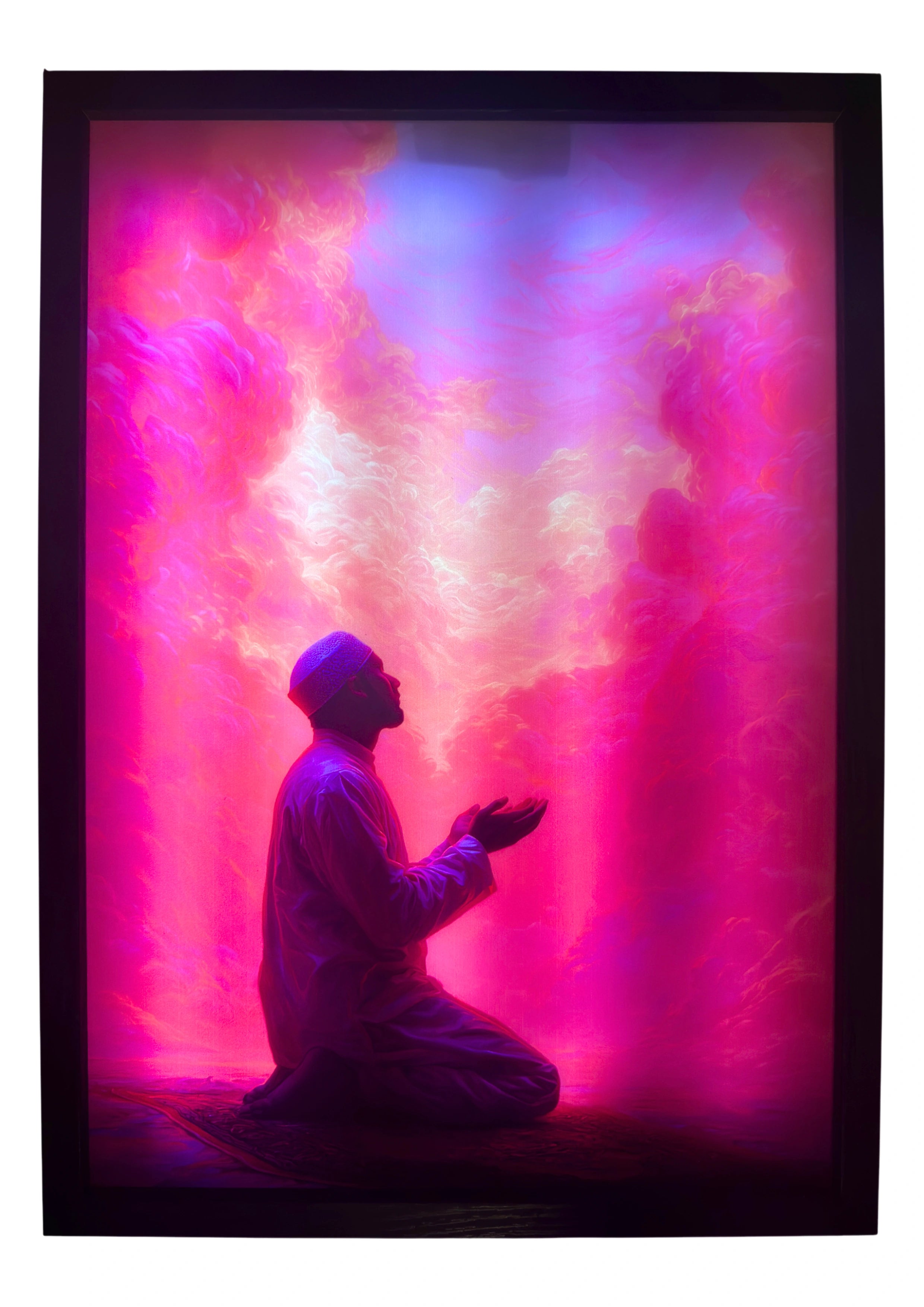 Muslim brother illuminated in du'a beneath glowing rose light — LED wall art radiating warmth, faith, and serenity for Islamic believers and homes.