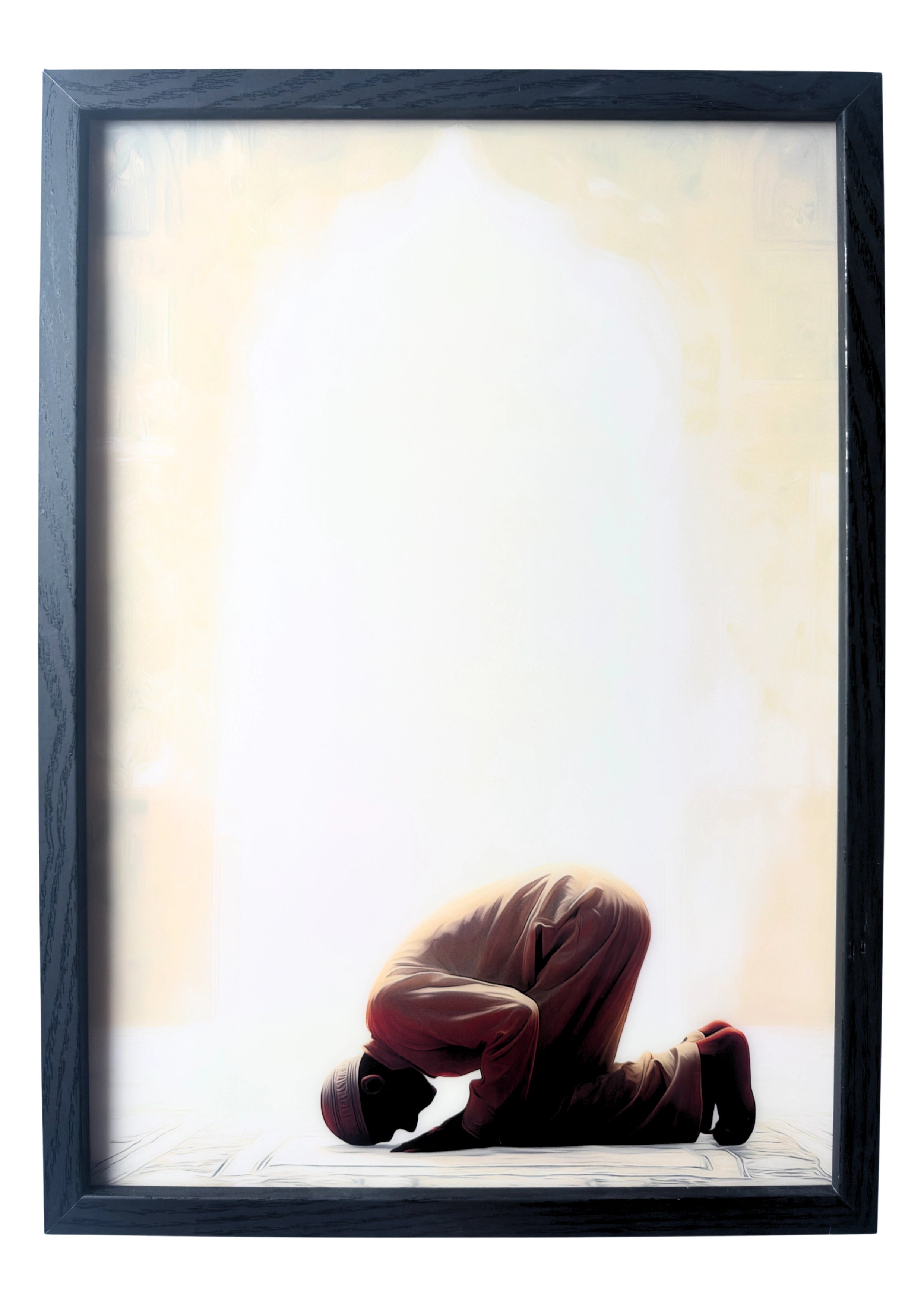Muslim brother in sujood within saffron-lit mosque arch — framed wall art symbolising peace, humility, and devotion.