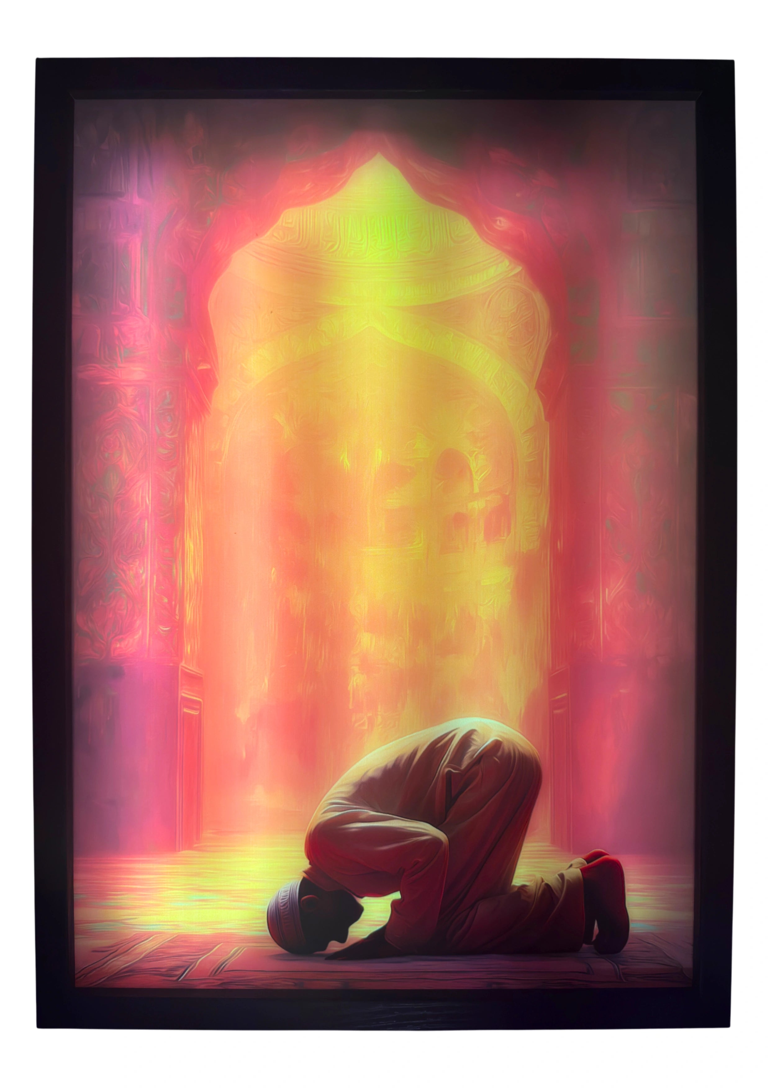 Muslim brother illuminated in sujood beneath glowing saffron arches — LED wall art radiating golden warmth and faith for Islamic homes and believers.