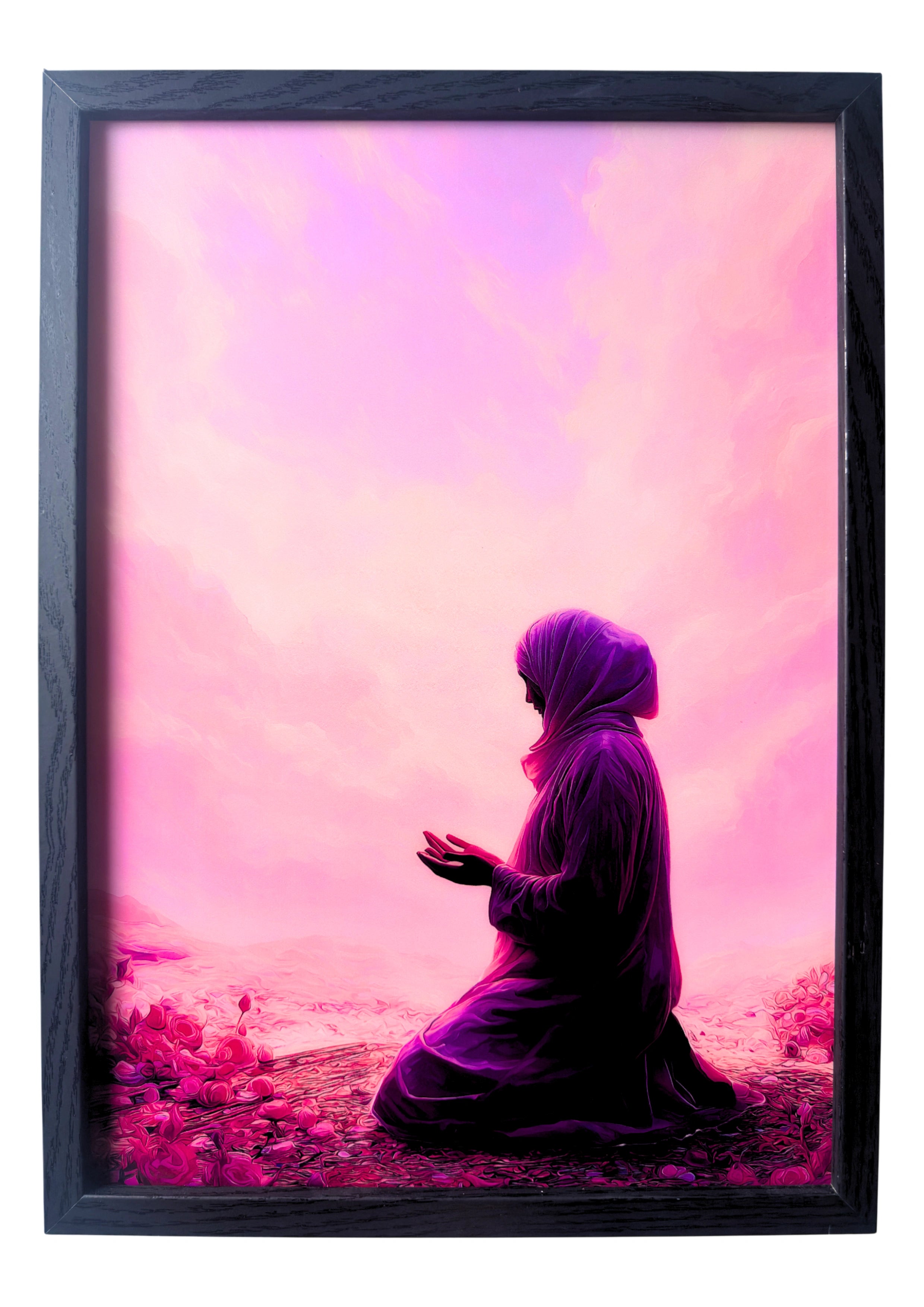 Muslim sister in rose robe praying — framed wall art symbolising peace, devotion, and grace.