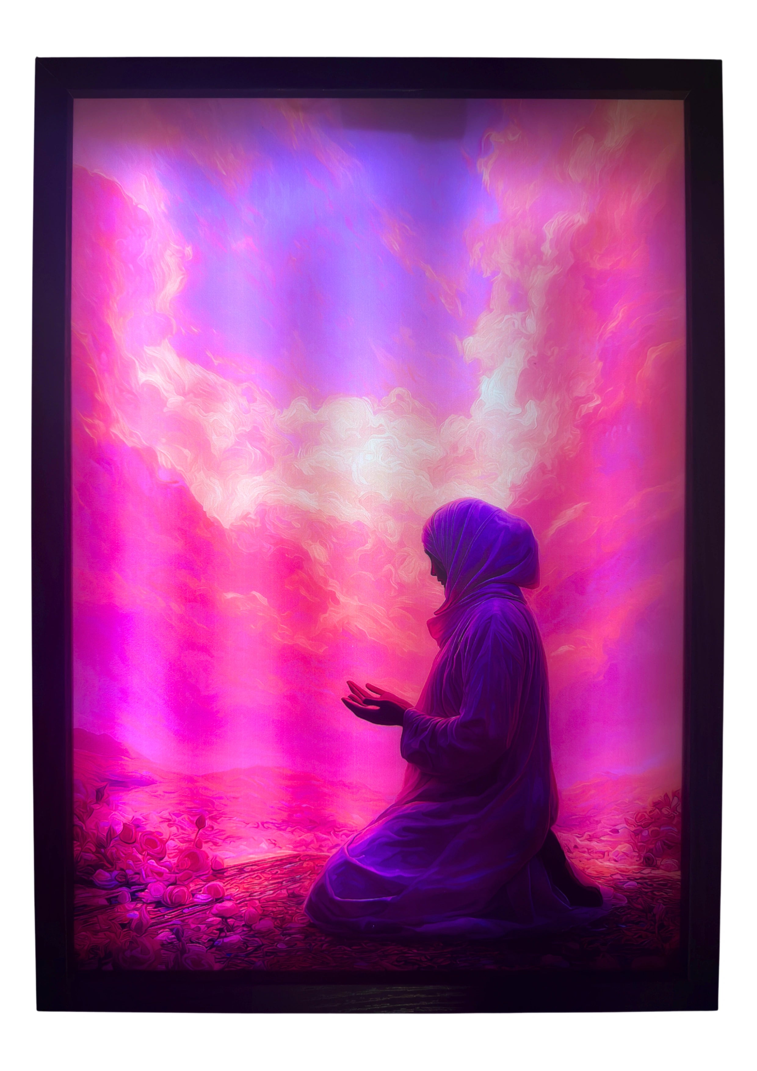 Muslim sister illuminated beneath glowing pink skies — LED wall art radiating serenity and faith for Islamic believers and homes.