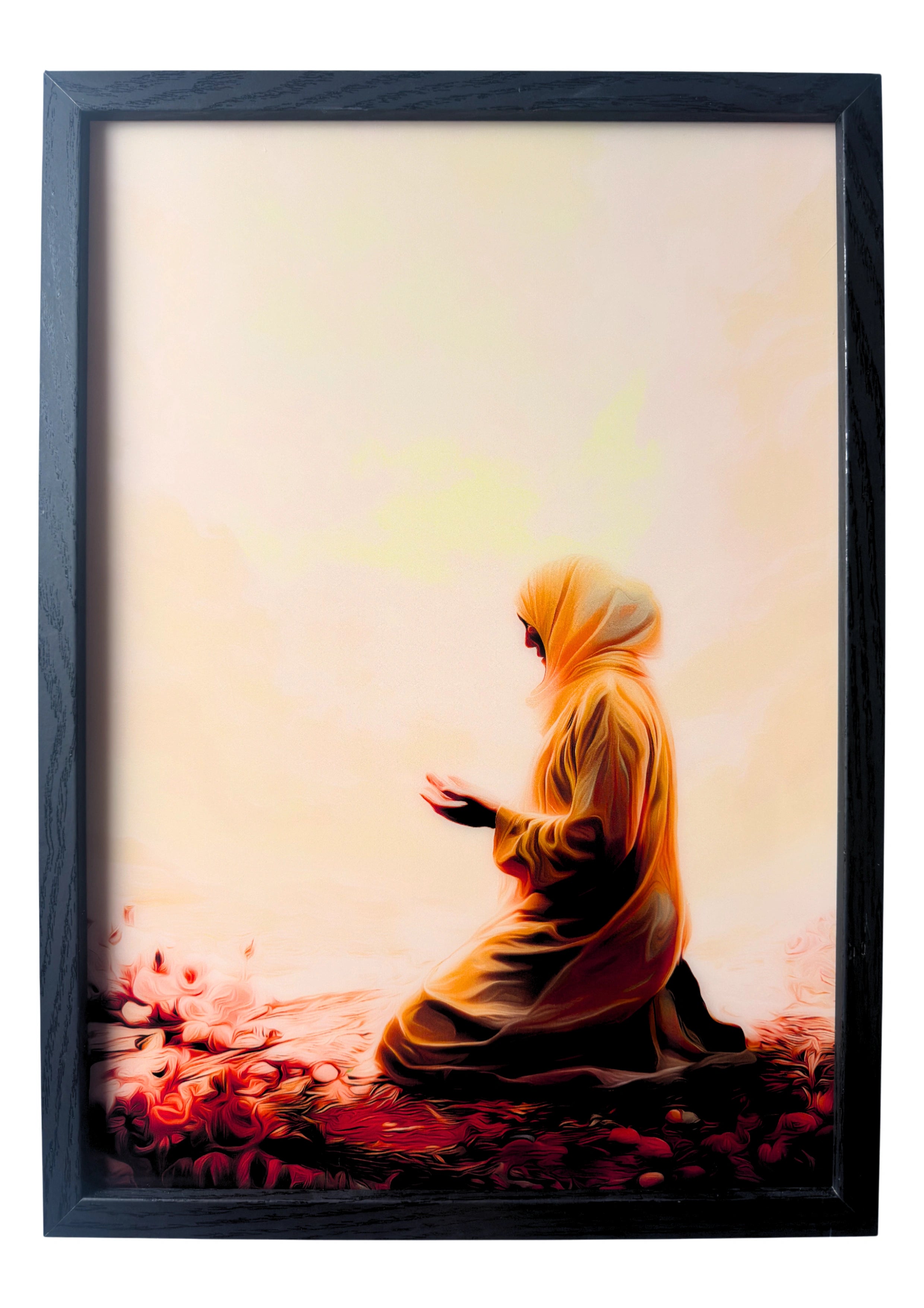 Muslim sister in saffron robe praying — framed wall art symbolising serenity, reflection, and faith.