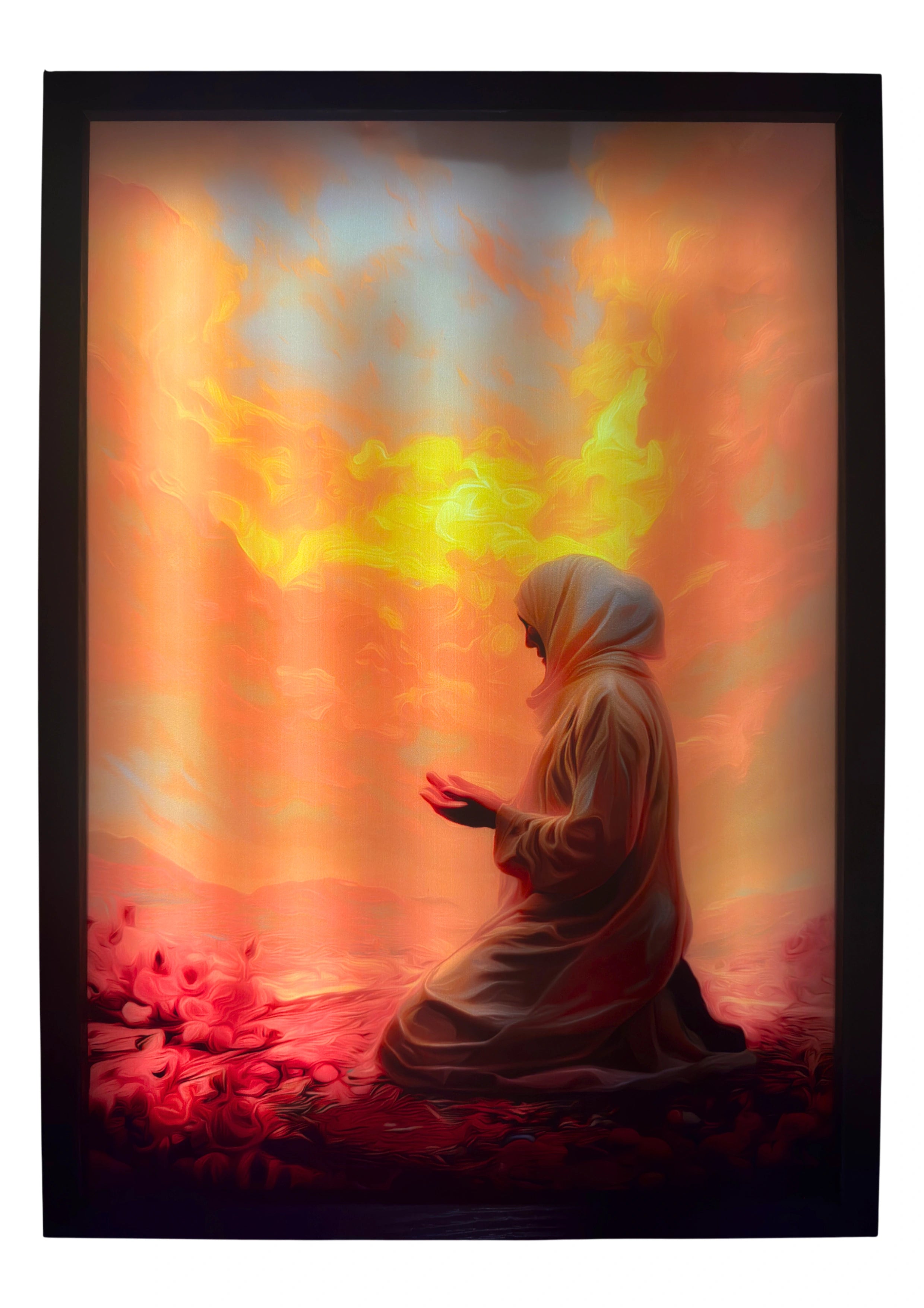 Muslim sister illuminated beneath golden skies in saffron light — LED wall art radiating warmth and devotion for Islamic believers.
