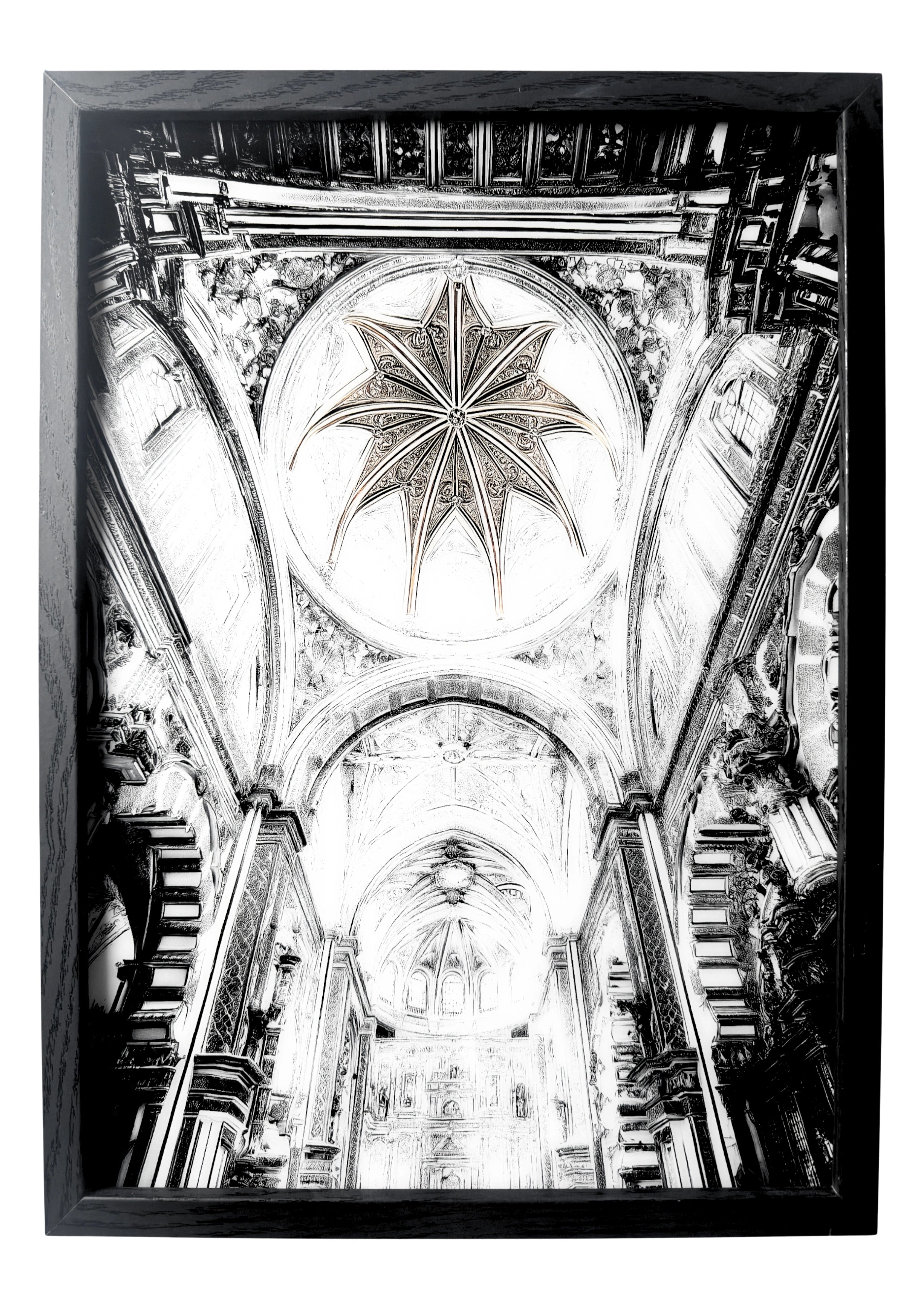 Interior of the Mosque–Cathedral of Córdoba in grayscale with golden dome detail retained. A framed artwork symbolising faith, heritage, and harmony.