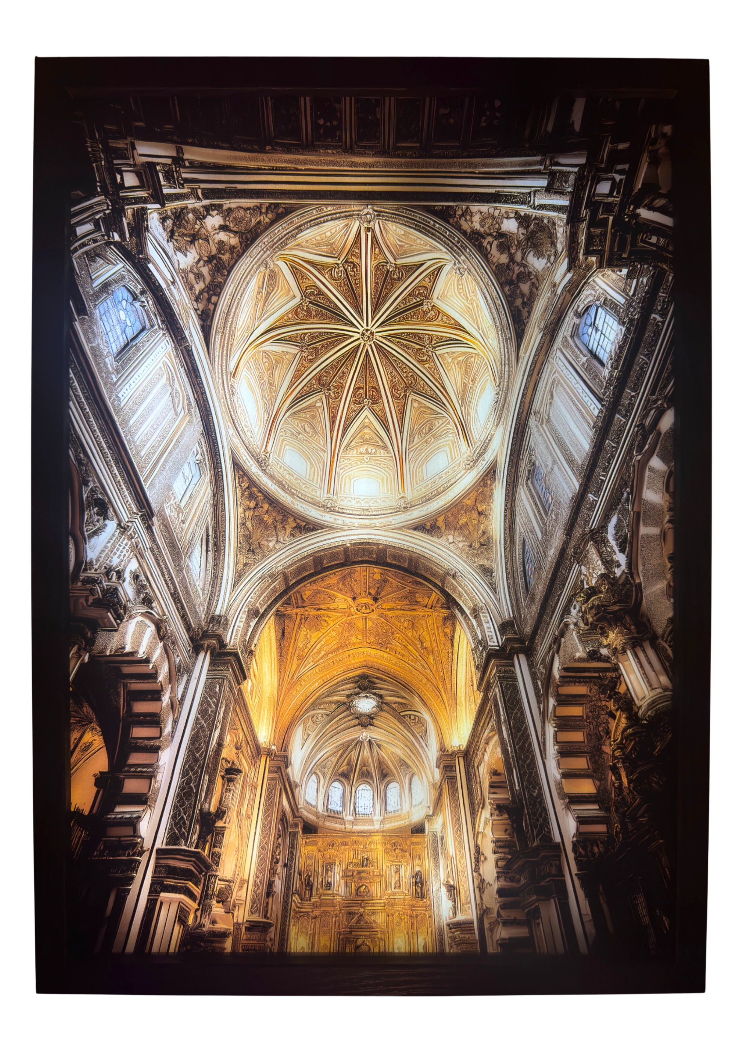 Mosque–Cathedral of Córdoba interior illuminated in gold and amber tones. LED wall art radiating devotion and beauty for sacred or cultural spaces.