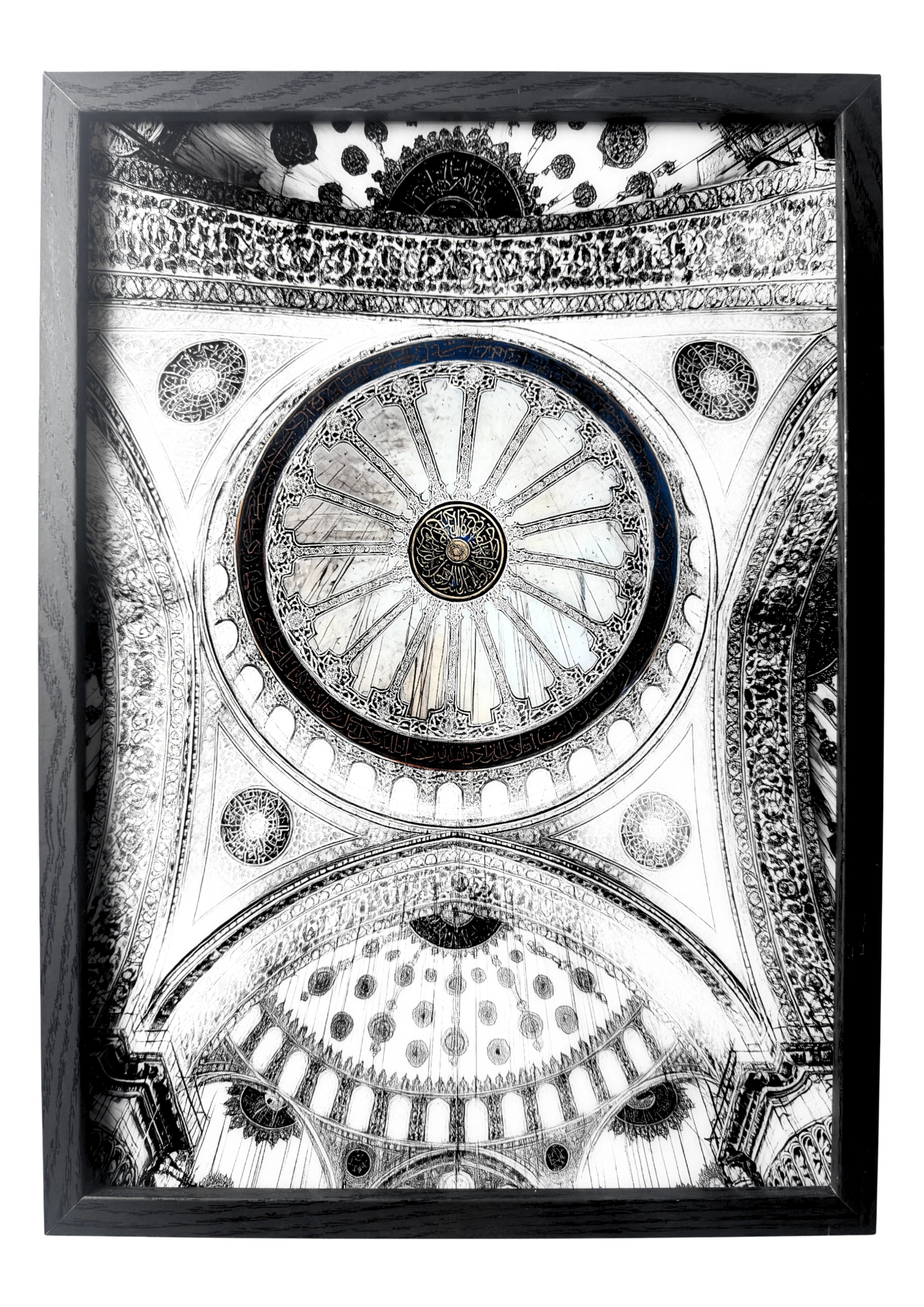 The Blue Mosque interior in grayscale with blue calligraphy detail retained. A framed Islamic wall art piece symbolising sacred architecture and calm.