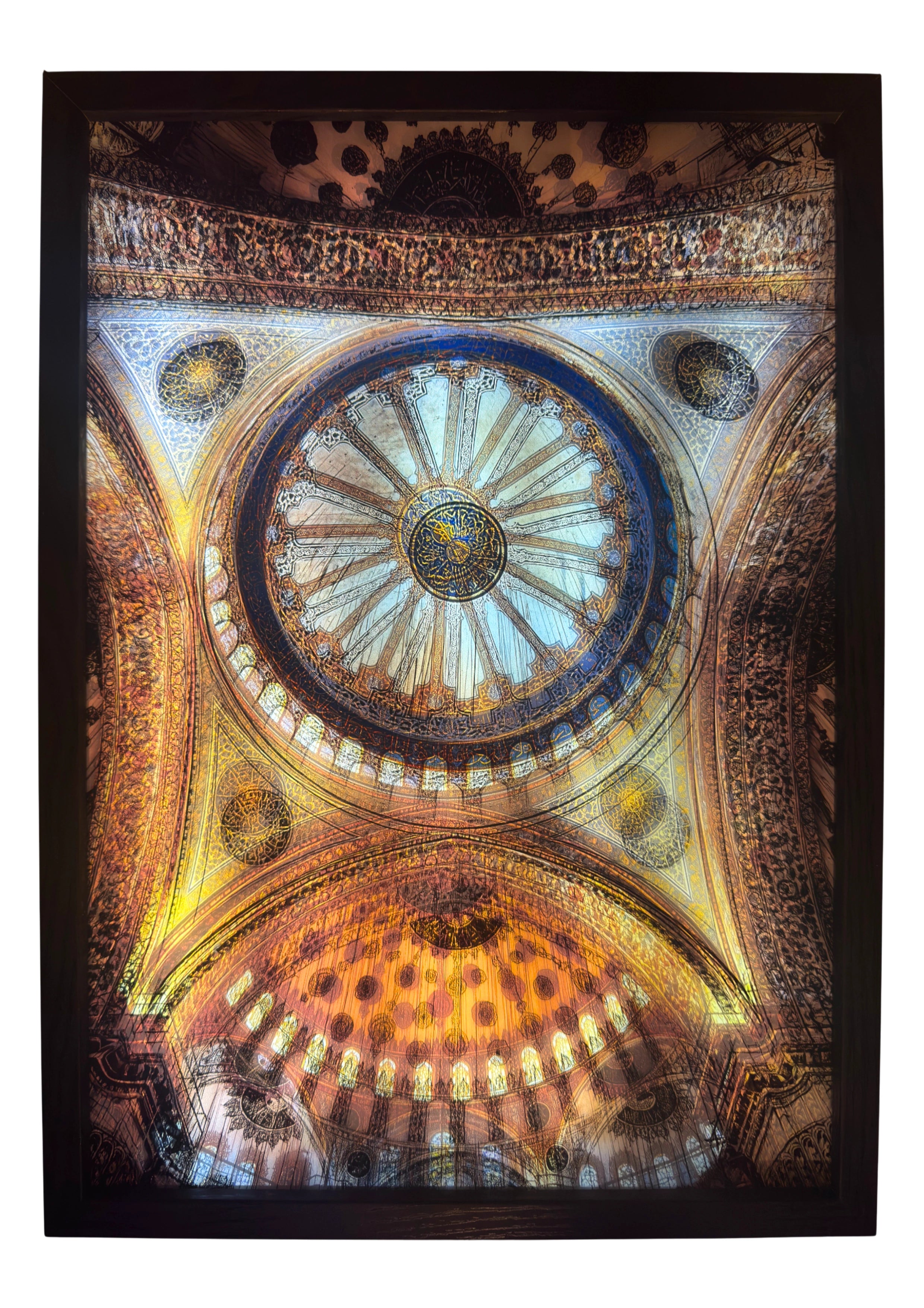 The Blue Mosque dome illuminated in gold and blue, showcasing Ottoman detail. LED wall art radiating faith and heritage for Islamic homes.