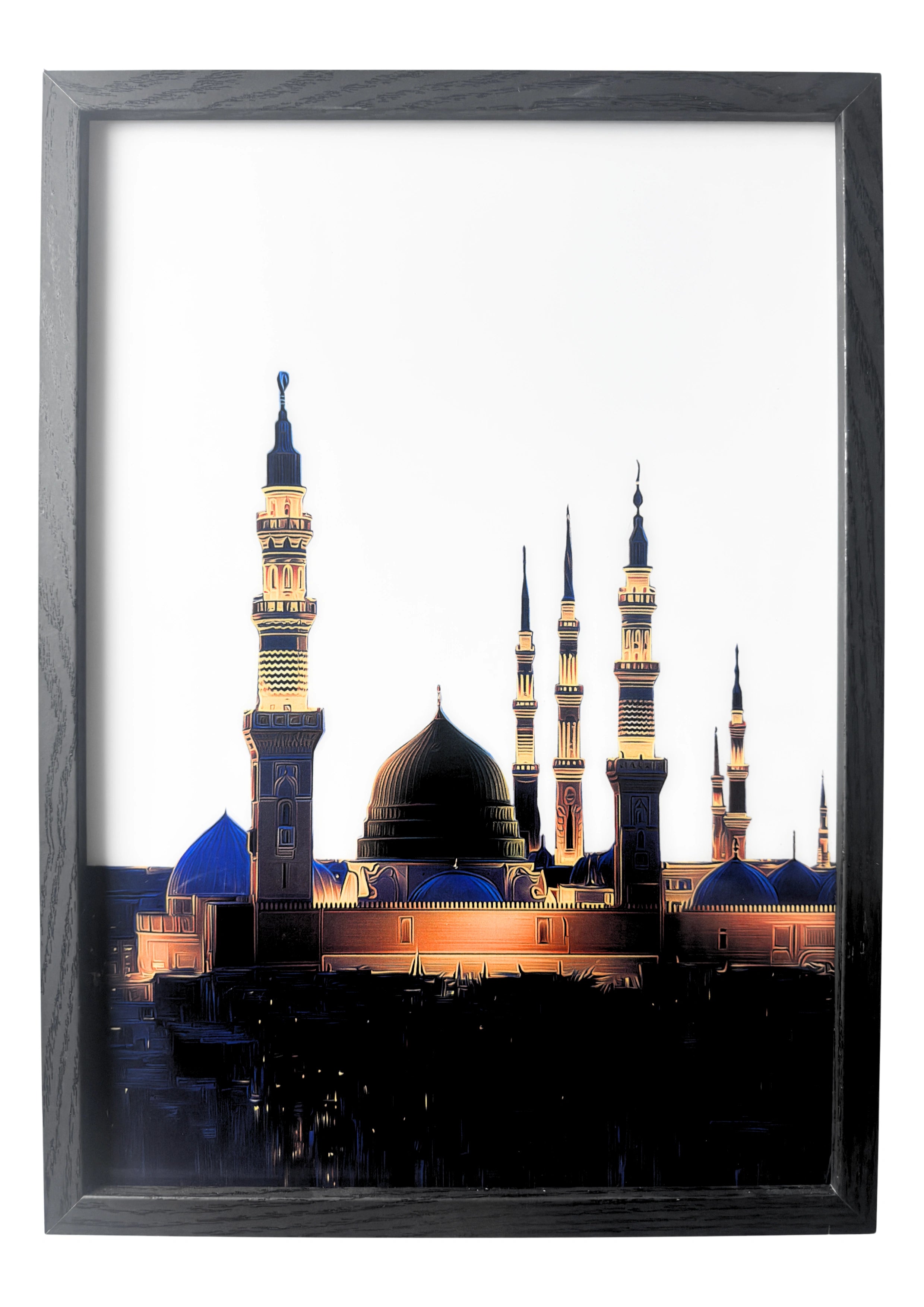 Al-Masjid an-Nabawi in Medina shown in grayscale with the green dome retained. A framed artwork symbolising faith, reflection, and serenity.