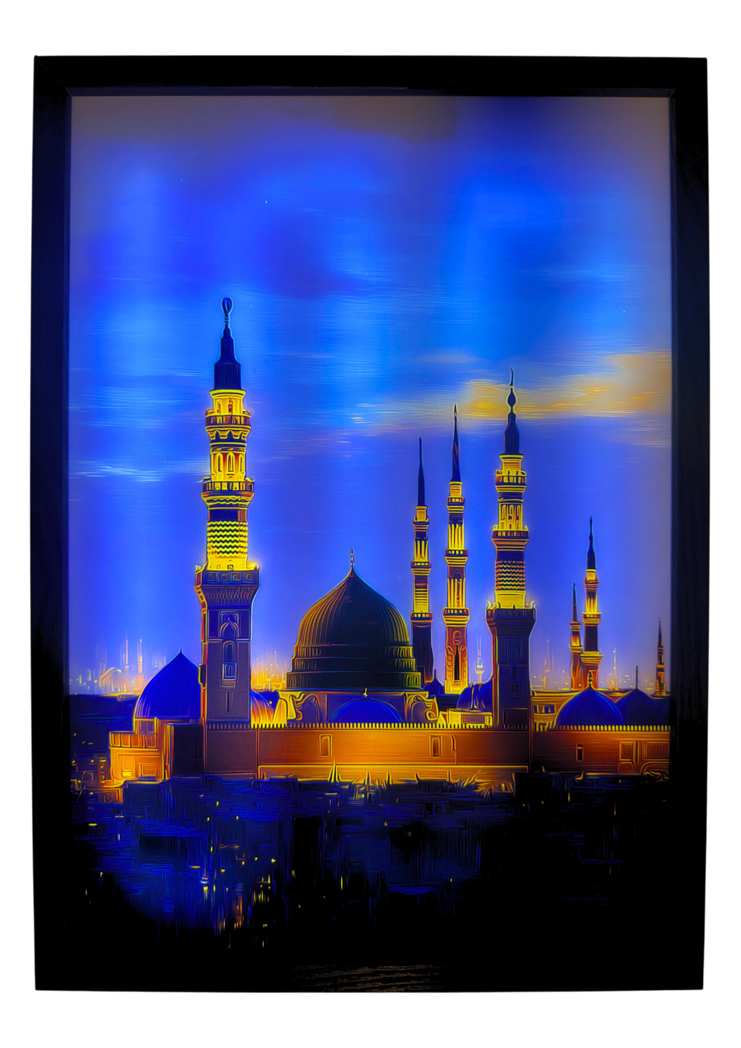 Al-Masjid an-Nabawi illuminated beneath a deep blue sky with golden minarets and glowing green dome. LED wall art radiating peace for Islamic interiors.