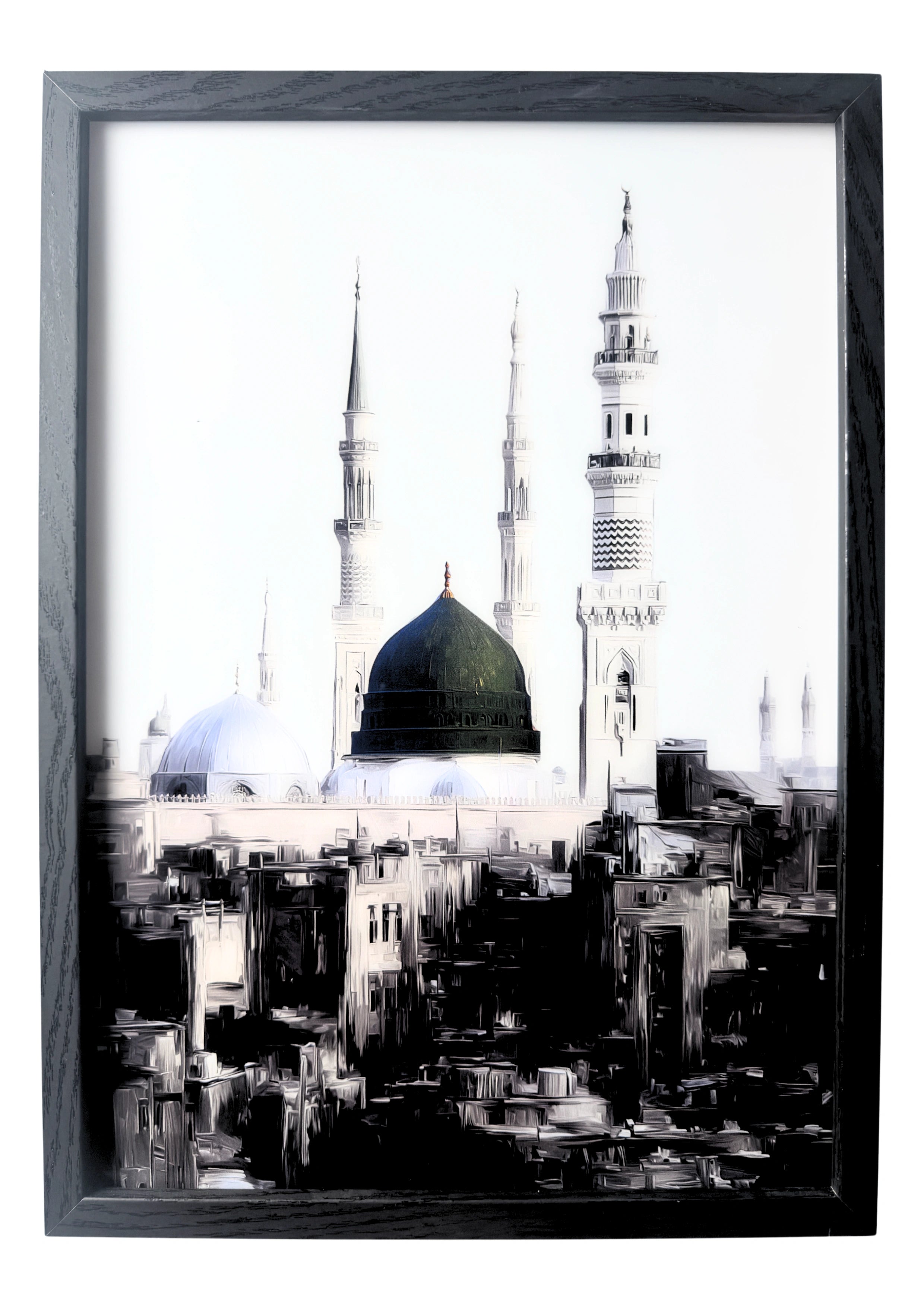 Al-Masjid an-Nabawi in Medina with green dome shown in colour against grayscale surroundings. A framed artwork symbolising peace and devotion.