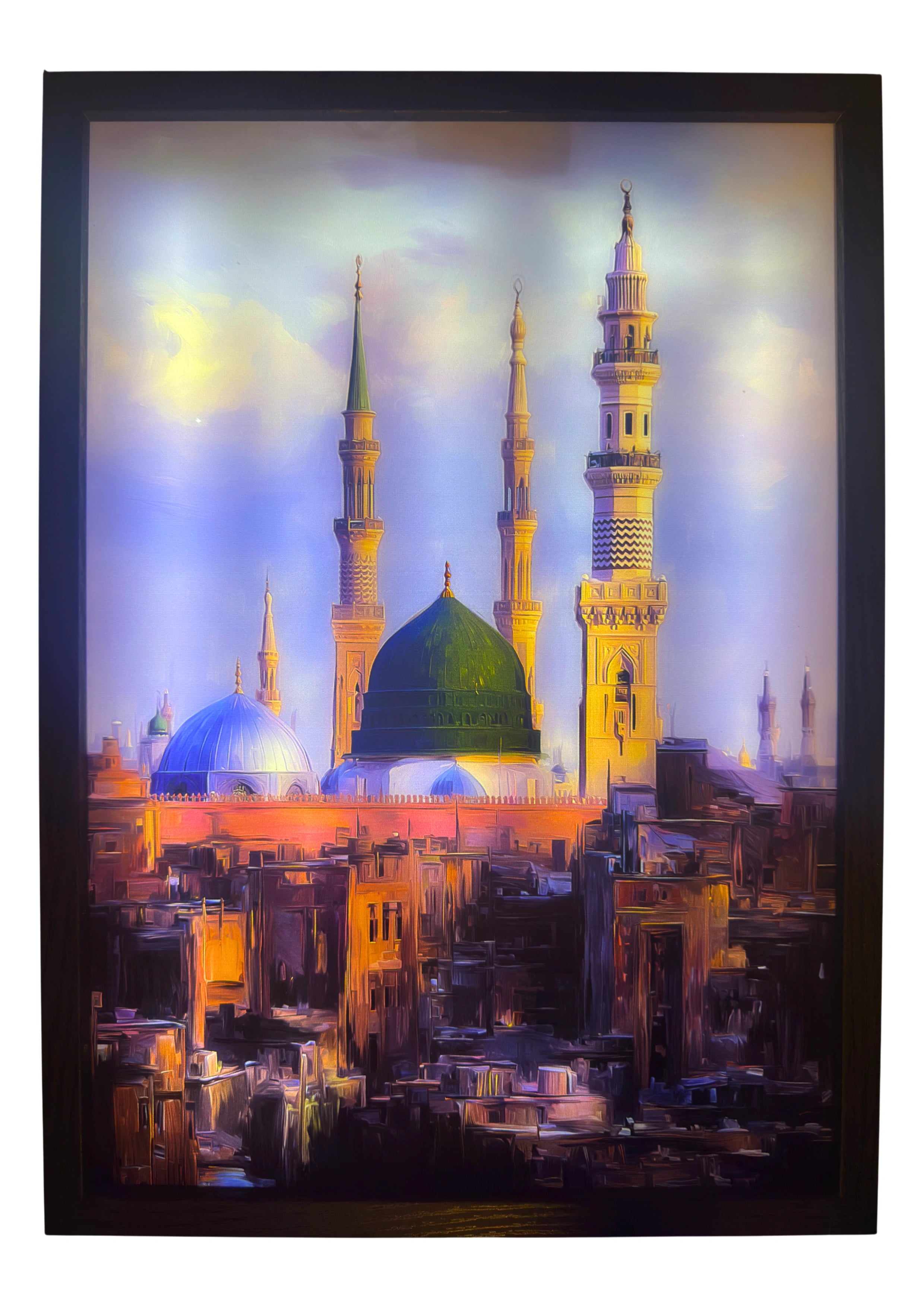 Al-Masjid an-Nabawi illuminated under soft blue skies with golden light touching its minarets. LED wall art radiating faith and serenity for Islamic interiors.