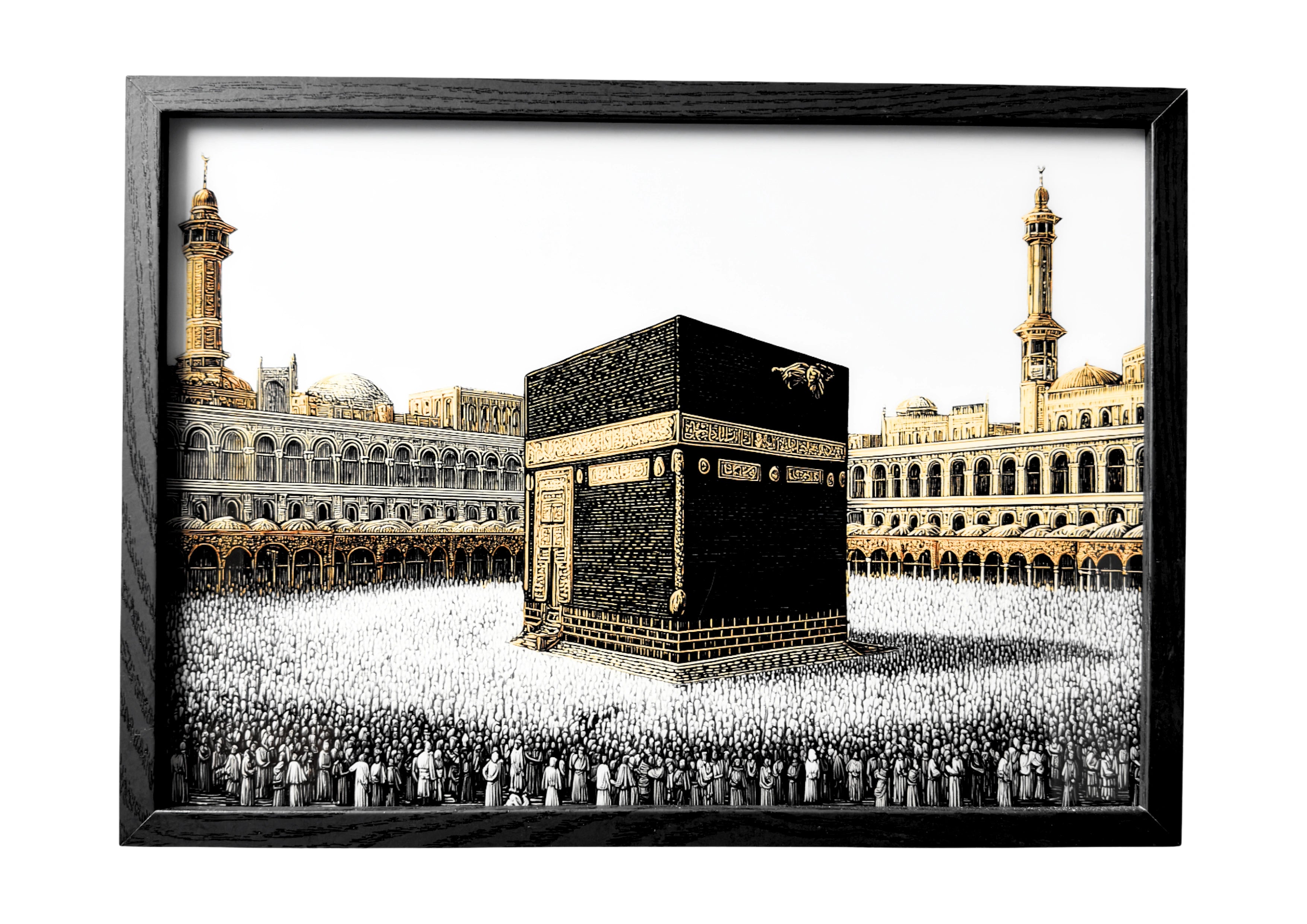 The Kaaba in grayscale tones with gold inscriptions and Ottoman arches in the background. A framed artwork symbolising history, devotion, and faith.