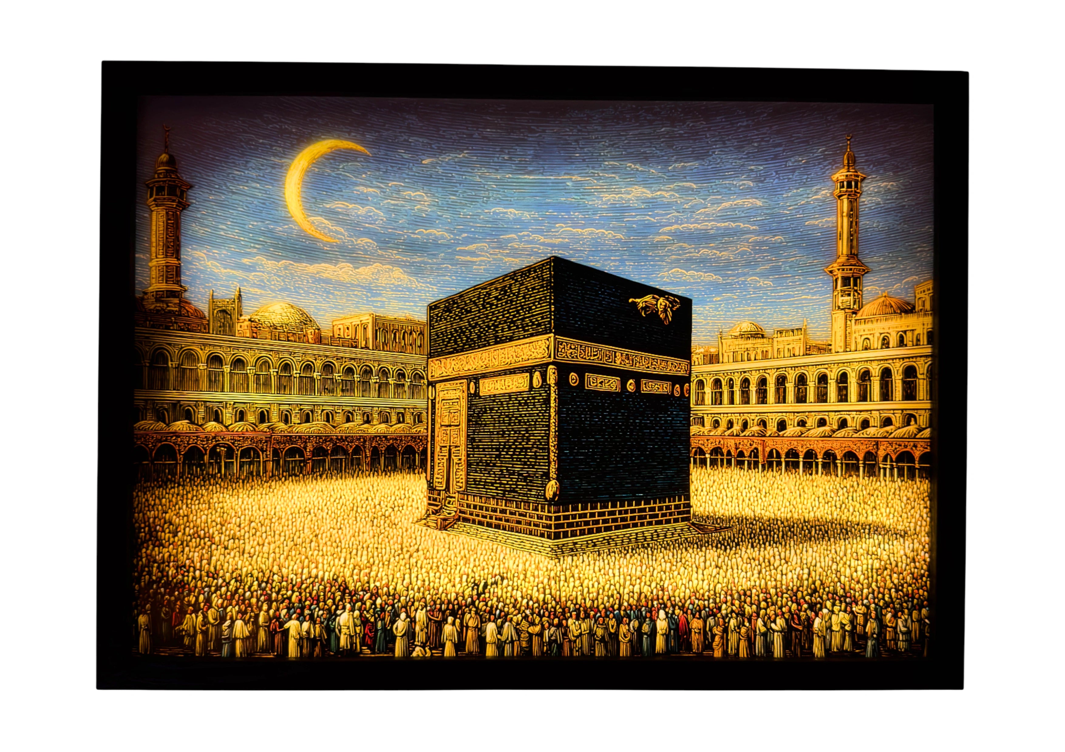 The Kaaba glowing under a crescent moon and indigo Ottoman sky, gold details illuminated. LED wall art reflecting sacred beauty and Islamic heritage.