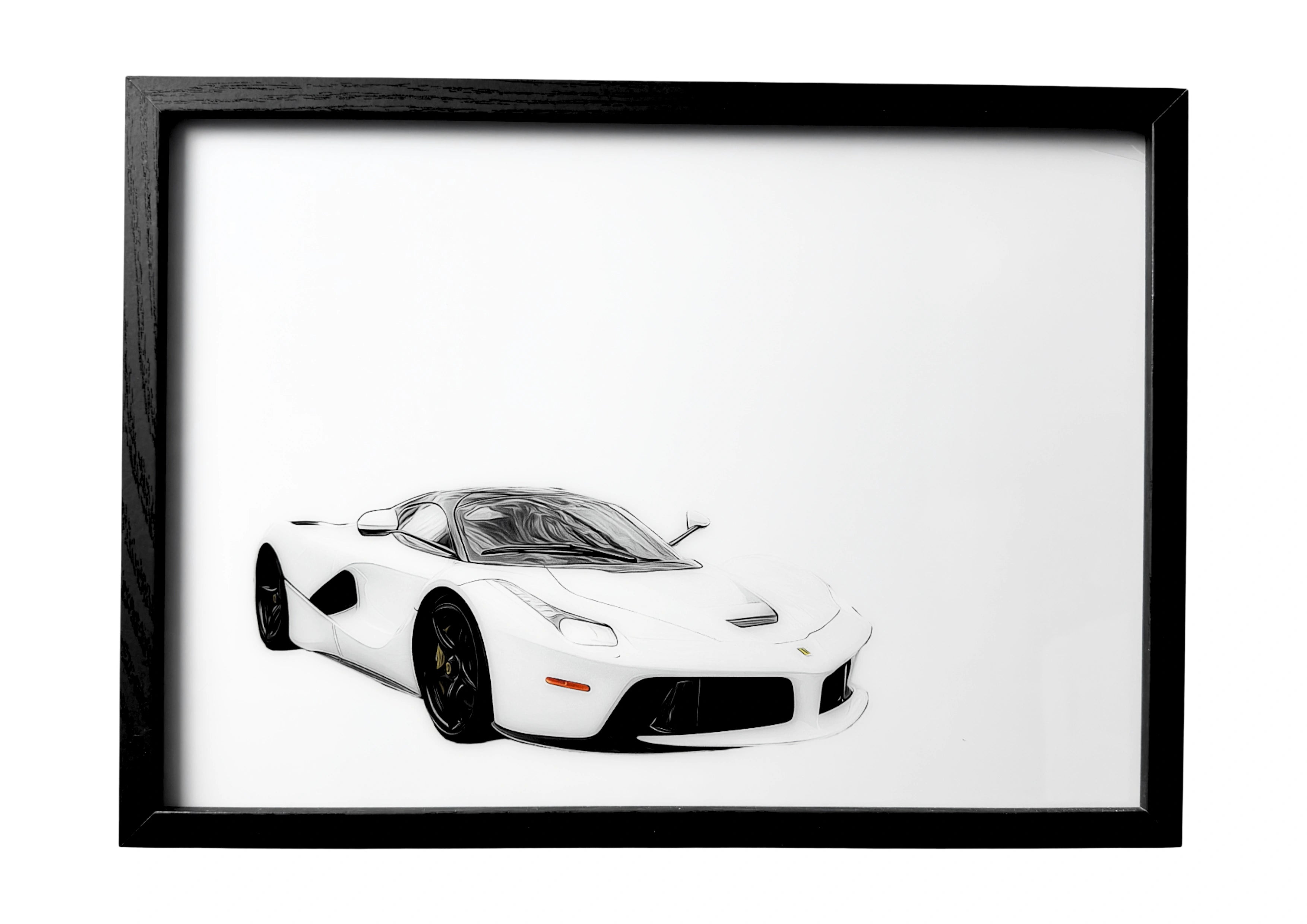 2013 Ferrari LaFerrari wall art in grayscale front angle.