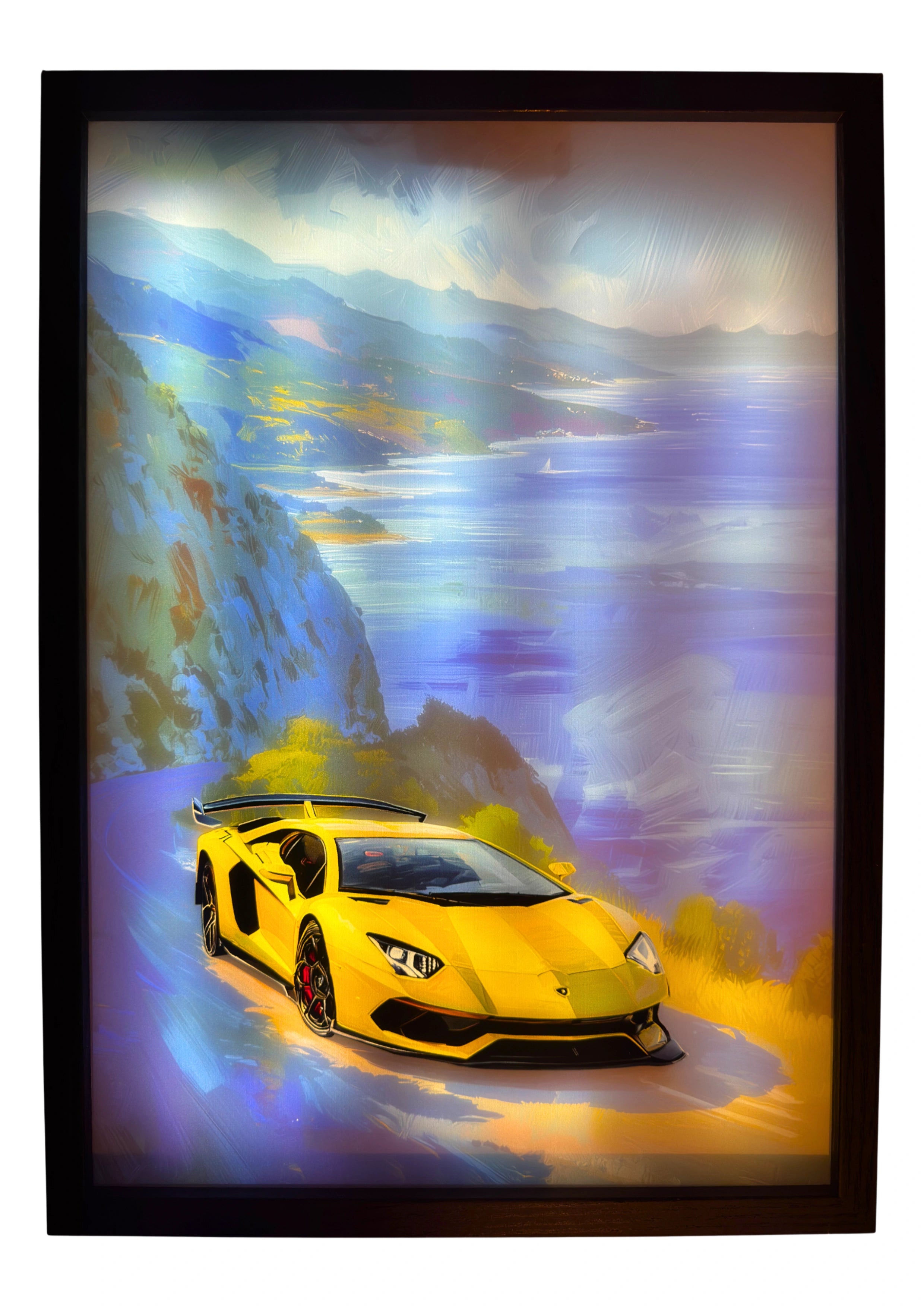 2019 Lamborghini Aventador SVJ LED light up wall art glowing in golden yellow along a cobalt coastal road beneath Italian skies.
