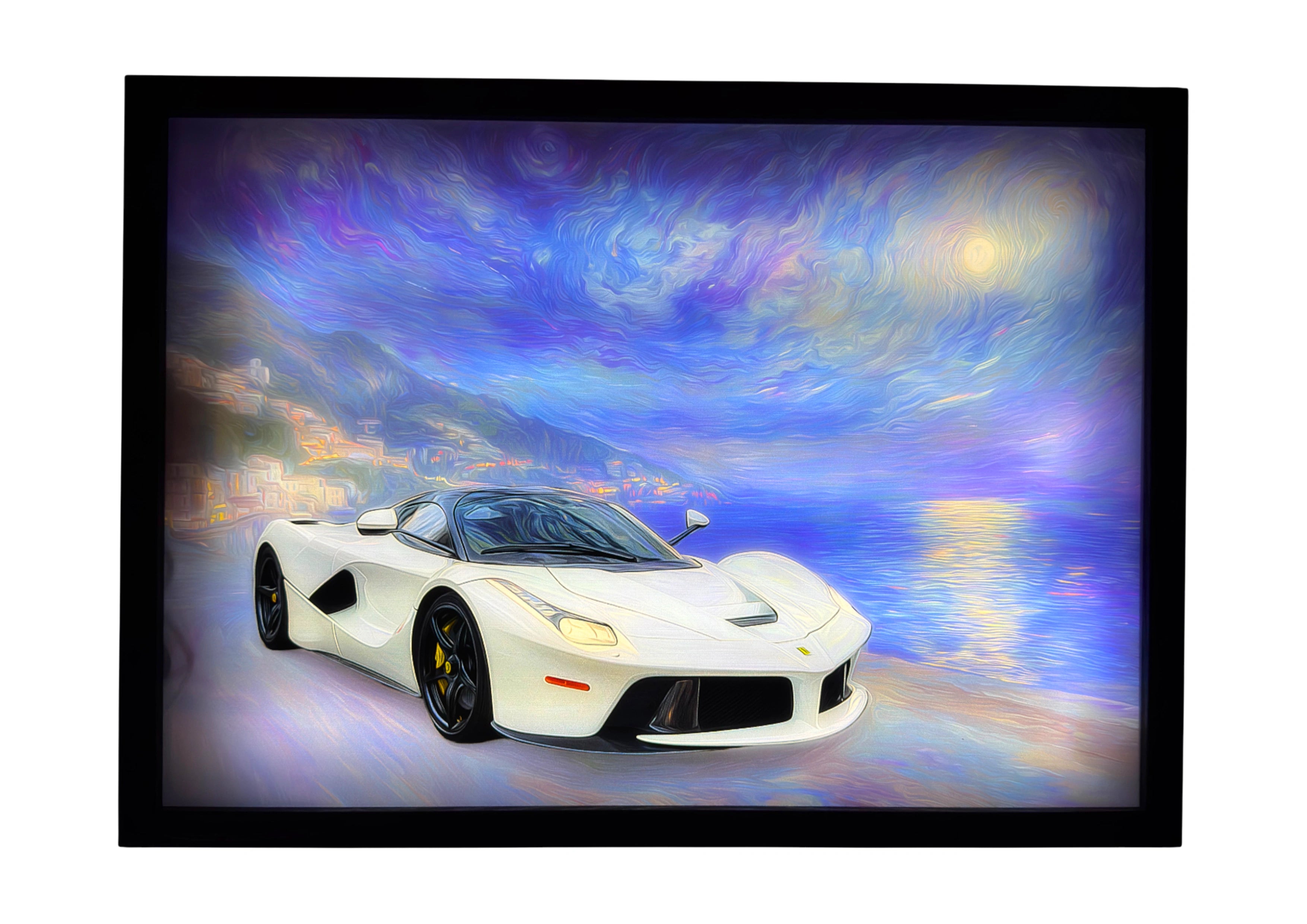 2013 Ferrari LaFerrari LED light up wall art glowing in red along the Italian coastline, perfect for Ferrari enthusiasts and supercar lovers.