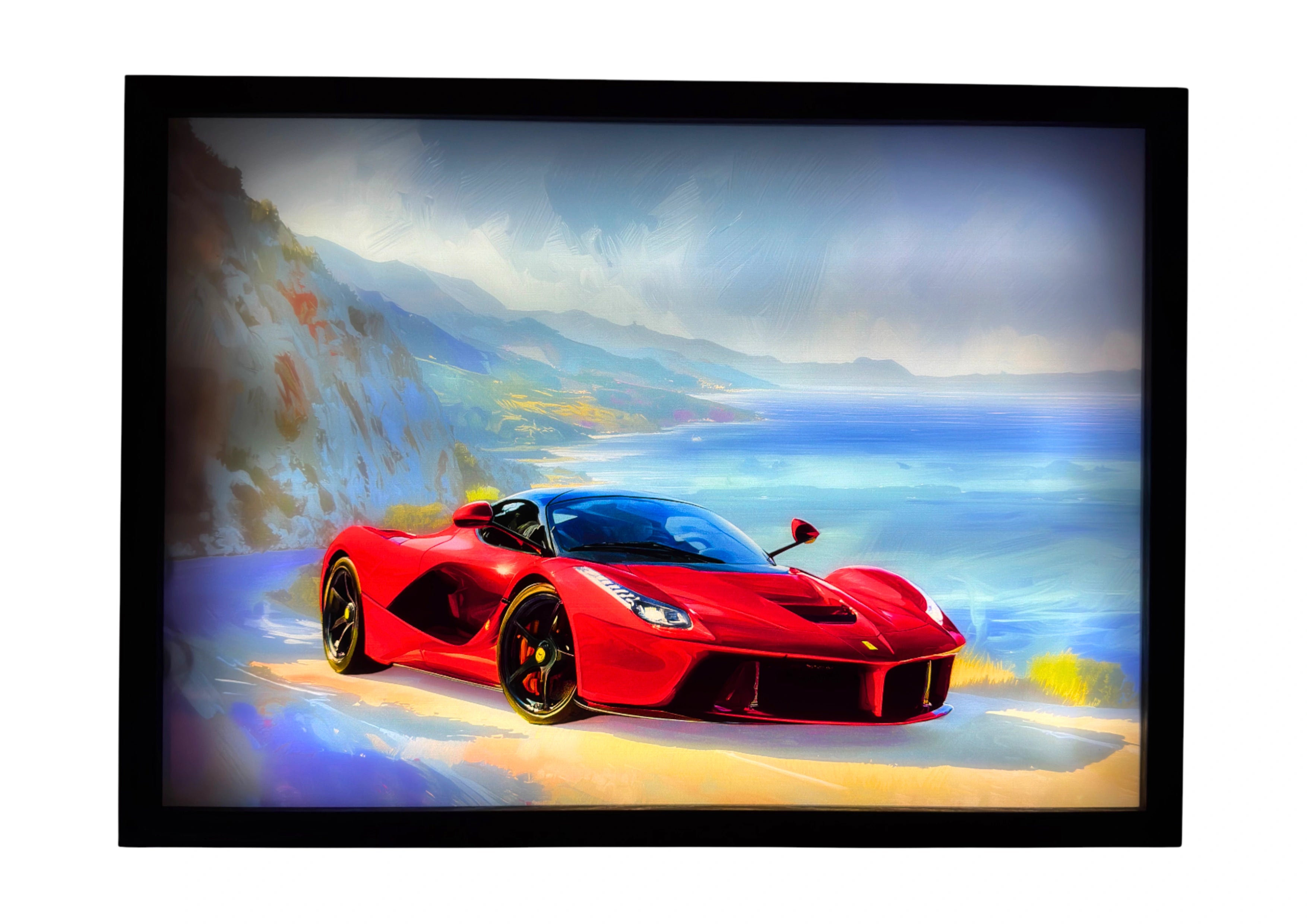 2013 Ferrari LaFerrari LED light up wall art glowing in red along the Italian coastline, perfect for Ferrari enthusiasts and supercar lovers.