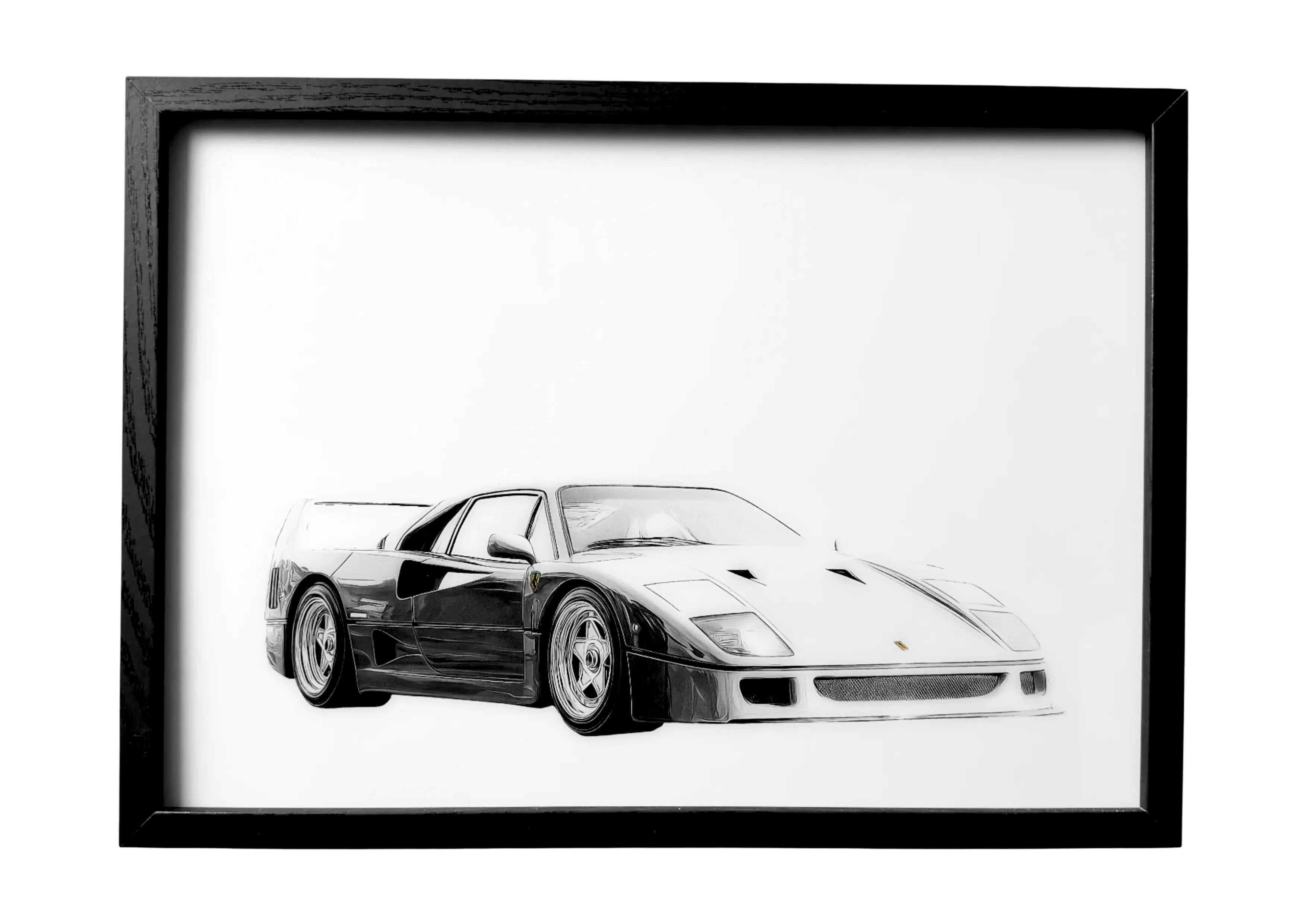 1990 red Ferrari F40 wall art in monochrome front view.