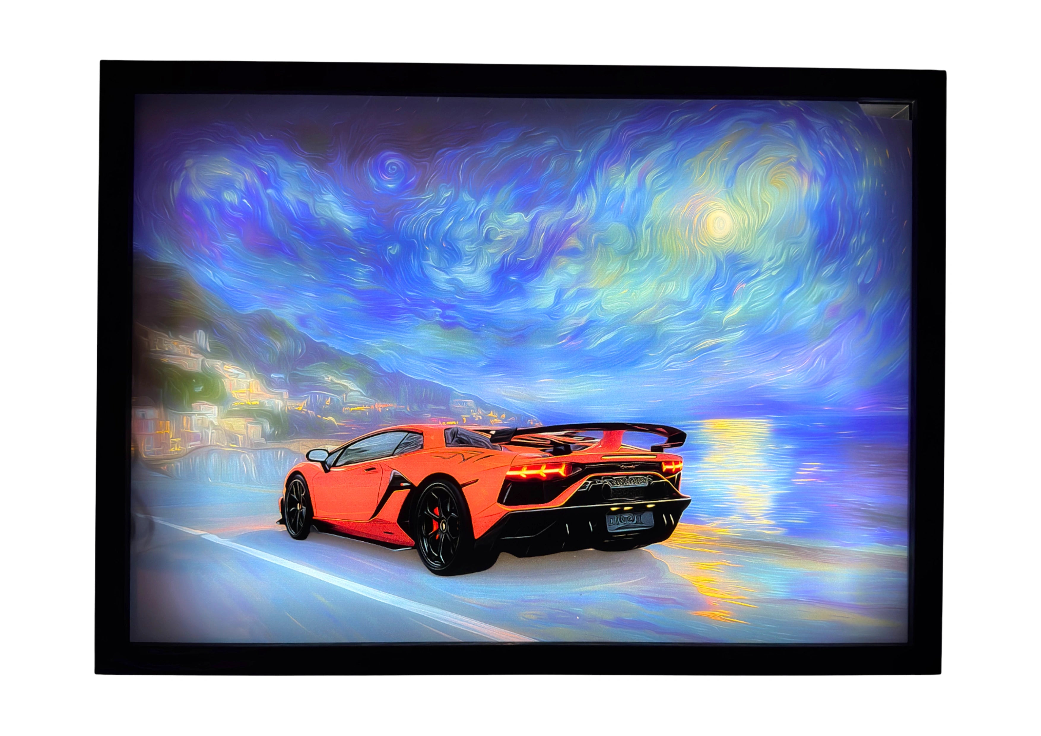 2019 Lamborghini Aventador SVJ LED light up wall art glowing in orange beneath a starry Italian night sky, coastal backdrop.