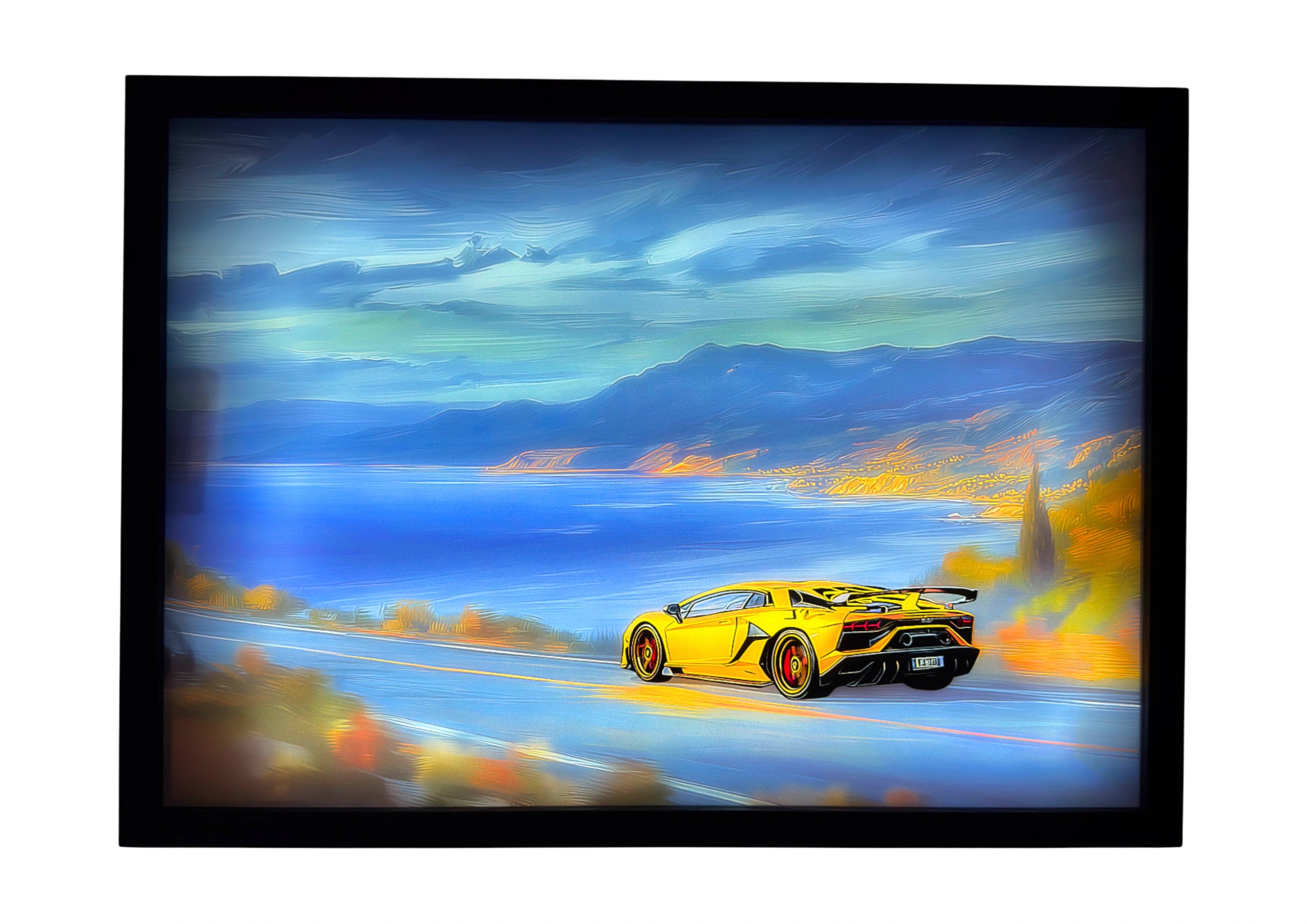 2019 Lamborghini Aventador SVJ LED light up wall art glowing in yellow against an ocean horizon, rear perspective.