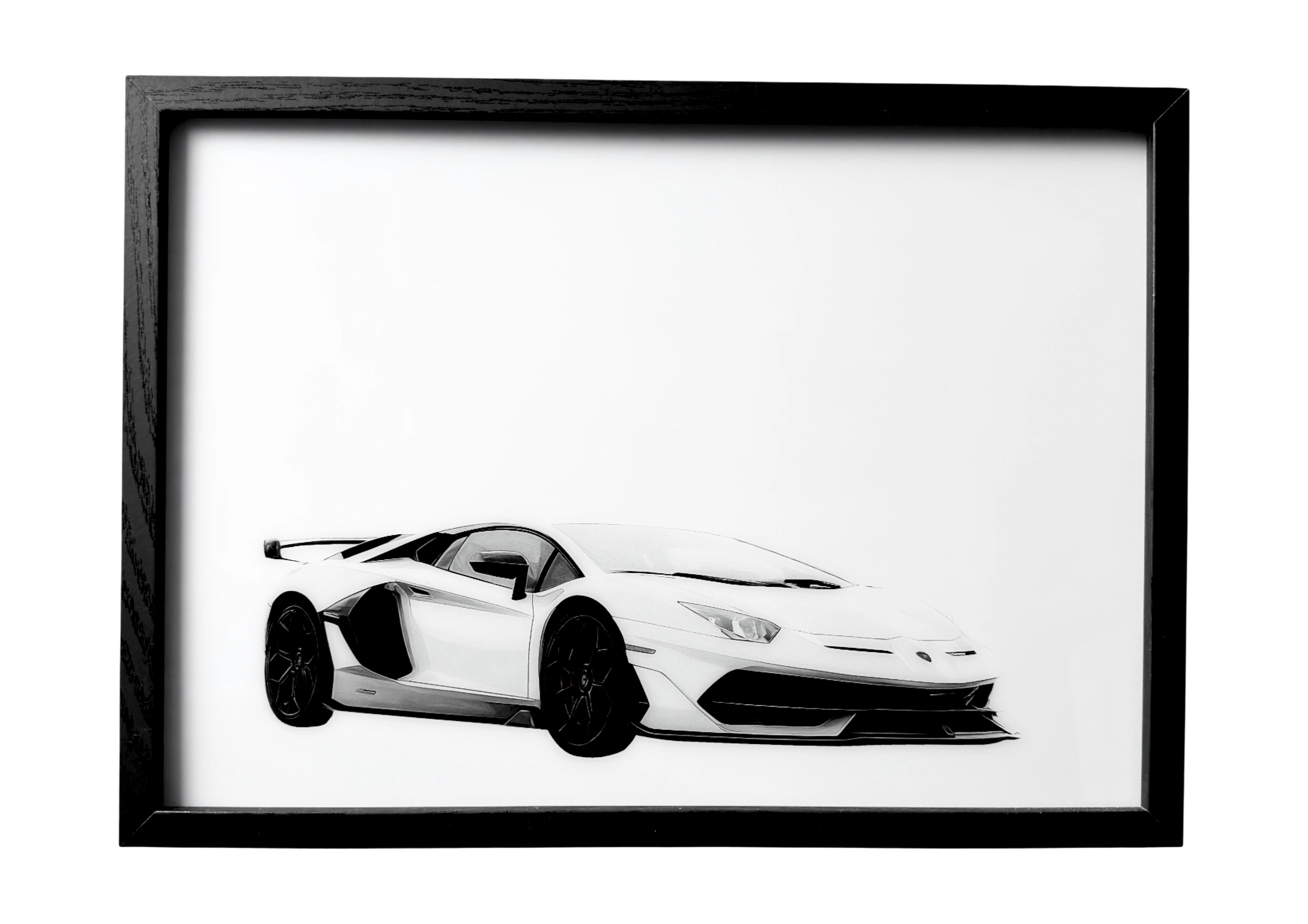 2019 Lamborghini Aventador SVJ wall art in sleek white finish, front three-quarter view.