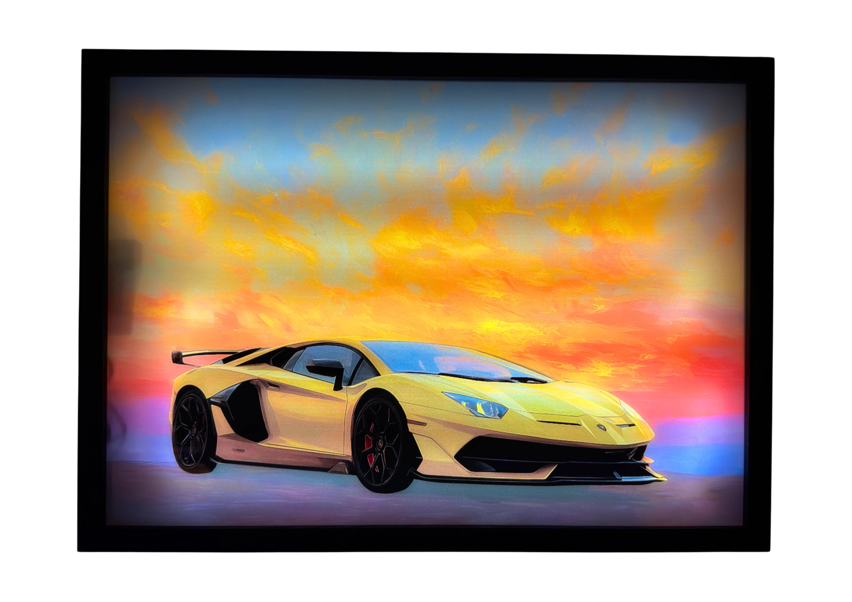 2019 Lamborghini Aventador SVJ LED light up wall art glowing in golden yellow along a cobalt coastal road beneath Italian skies.