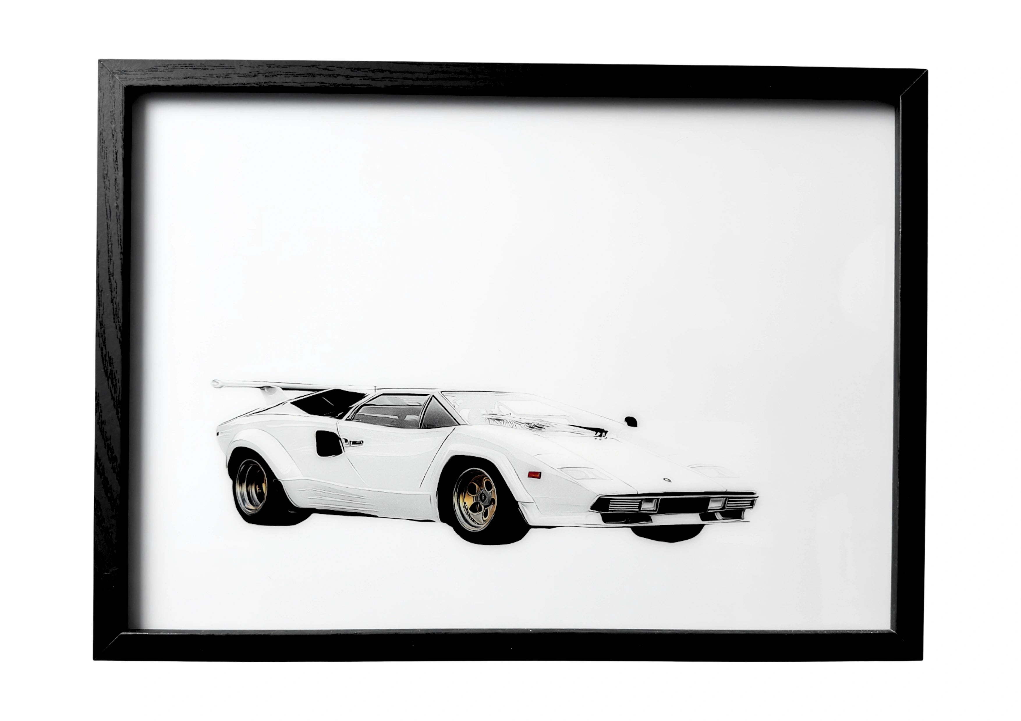 1986 Lamborghini Countach 5000 QV wall art in white with gold rims, front three-quarter view.